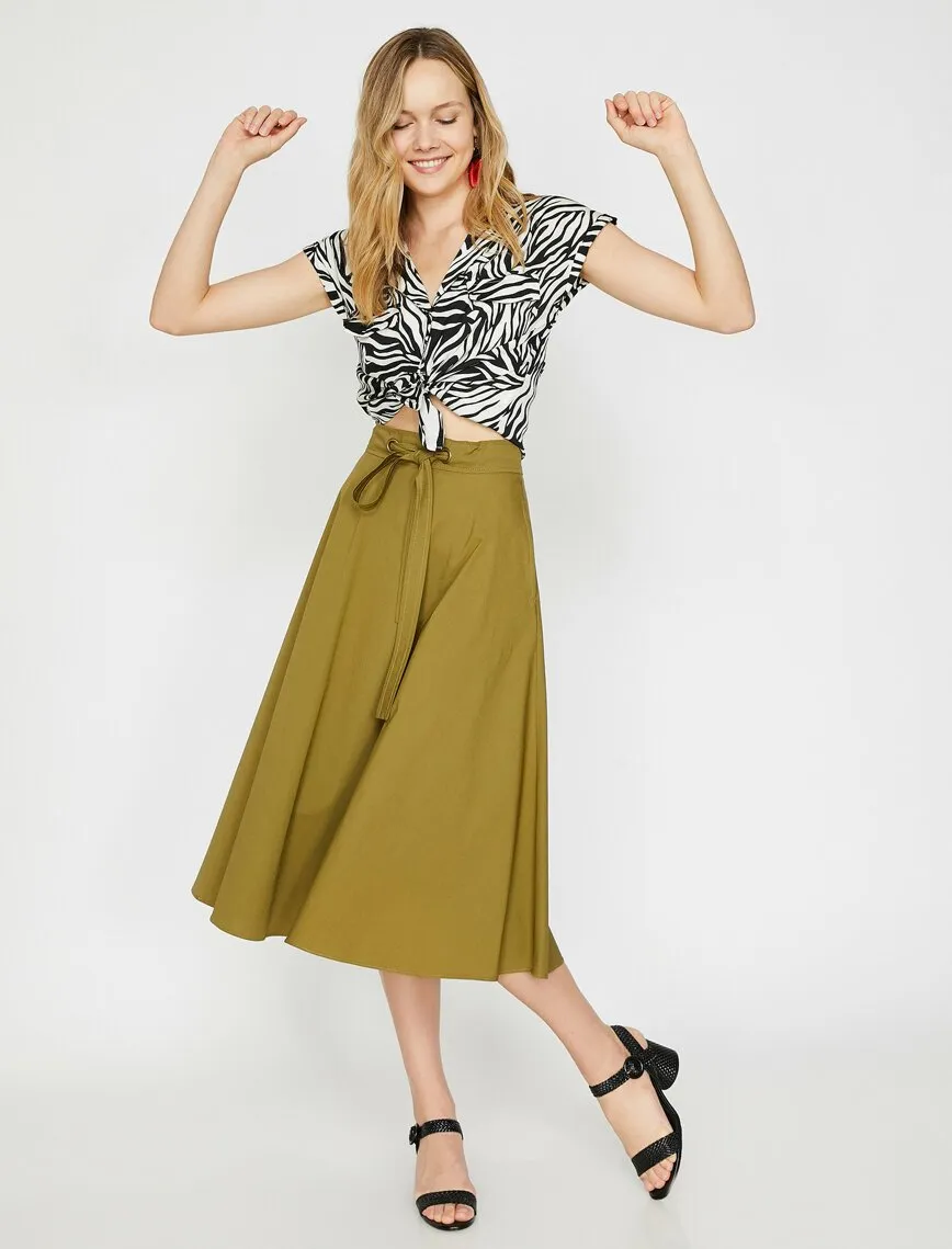 11827 Khaki Waist Detailed Midi Skirt