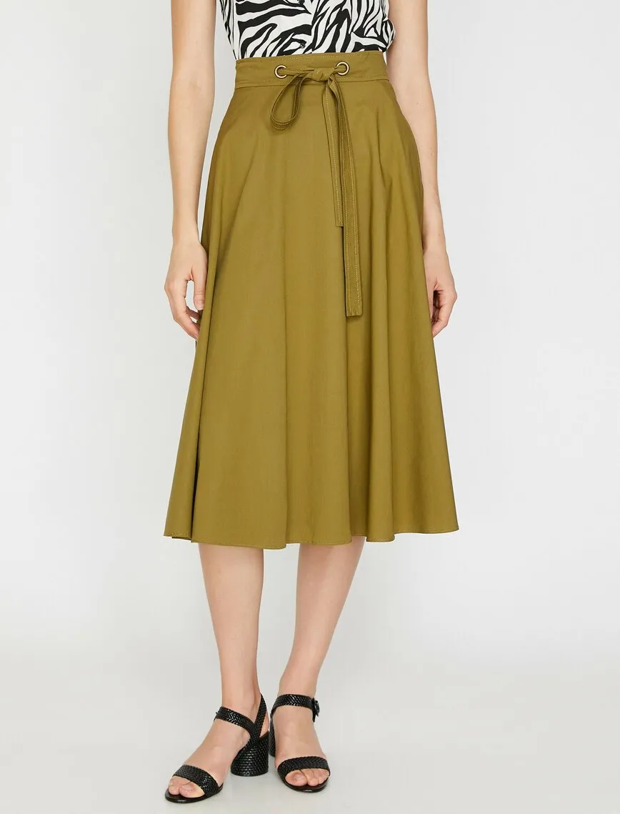 11827 Khaki Waist Detailed Midi Skirt