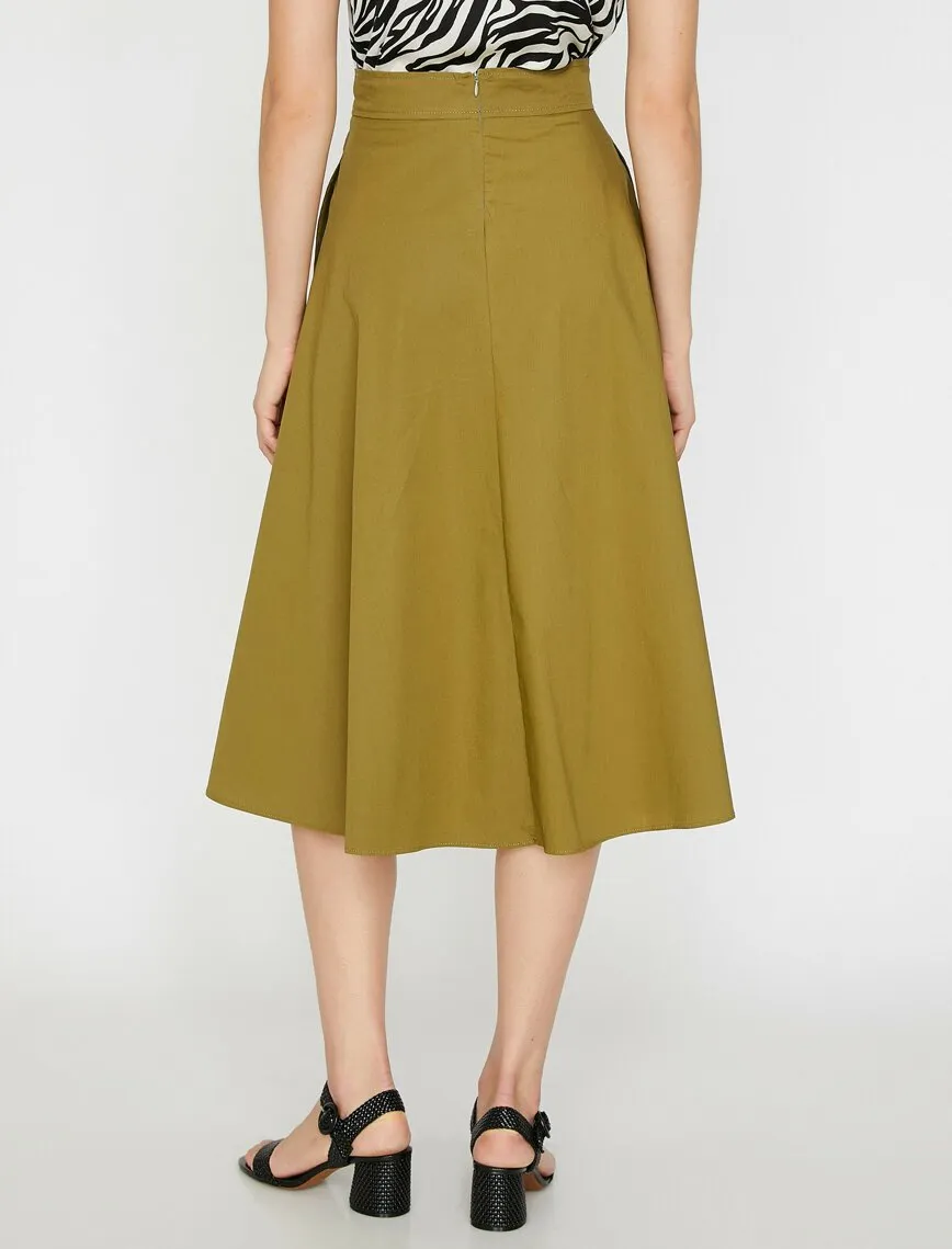 11827 Khaki Waist Detailed Midi Skirt