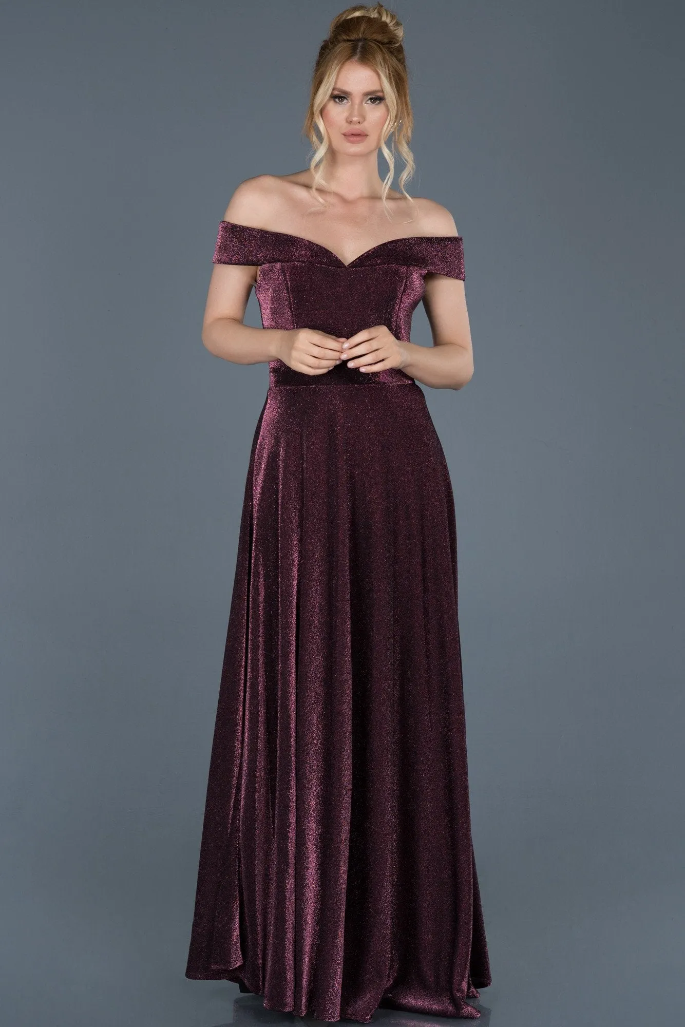 15756 Plum Shimmery Off-Shoulder Dress