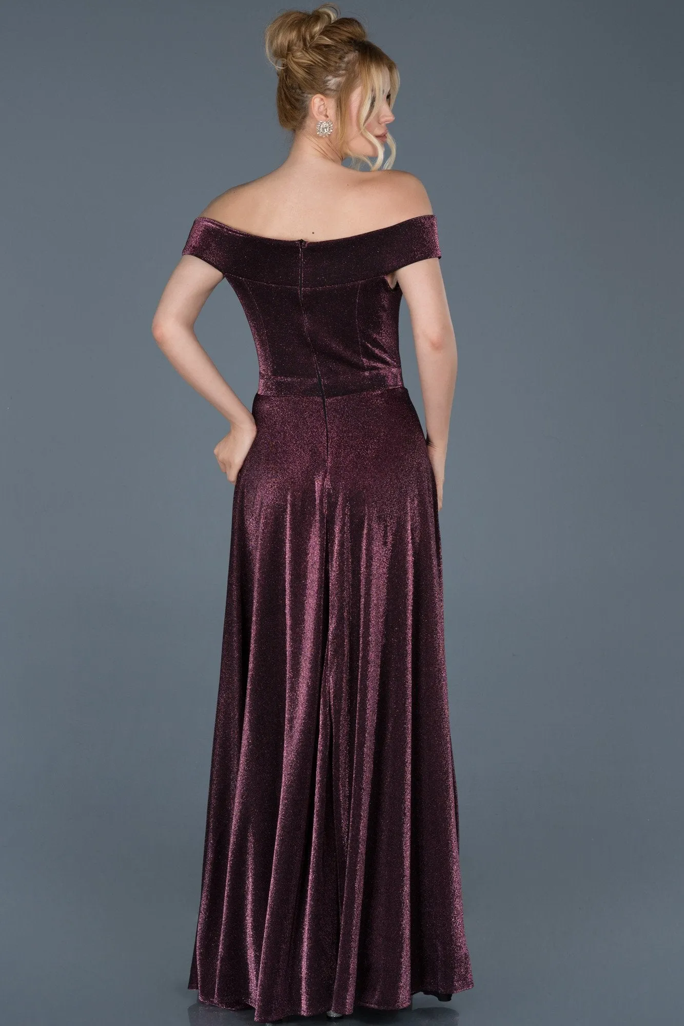 15756 Plum Shimmery Off-Shoulder Dress