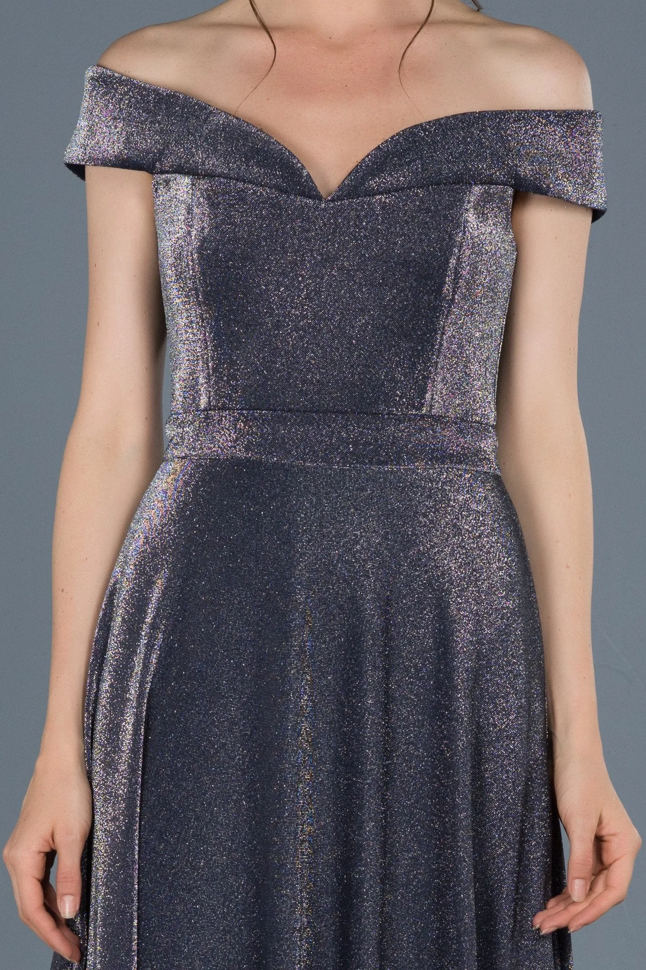 15757 Indigo Shimmery Off-Shoulder Dress