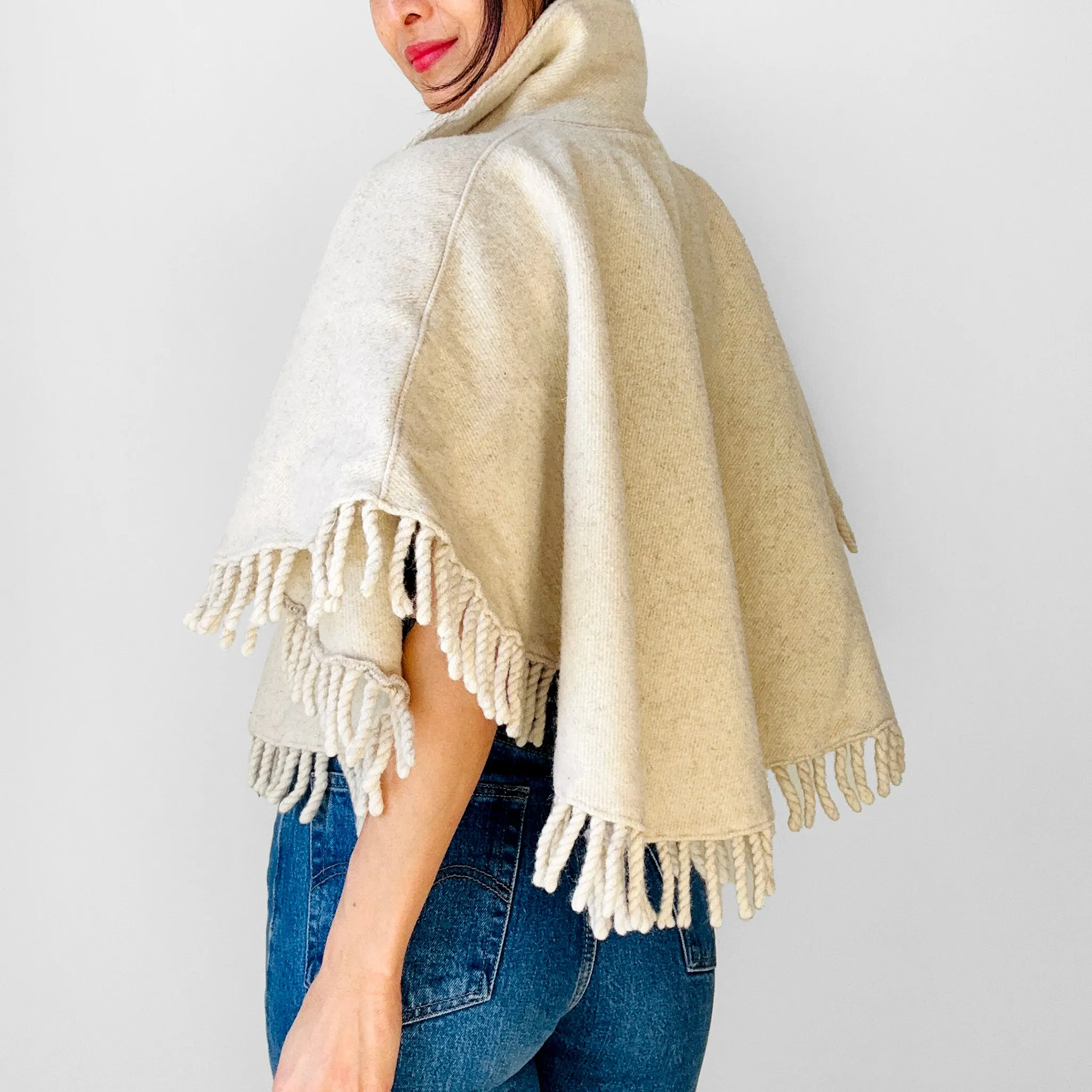 1970s Off-White Fringe Button Front Collared Wool Shawl