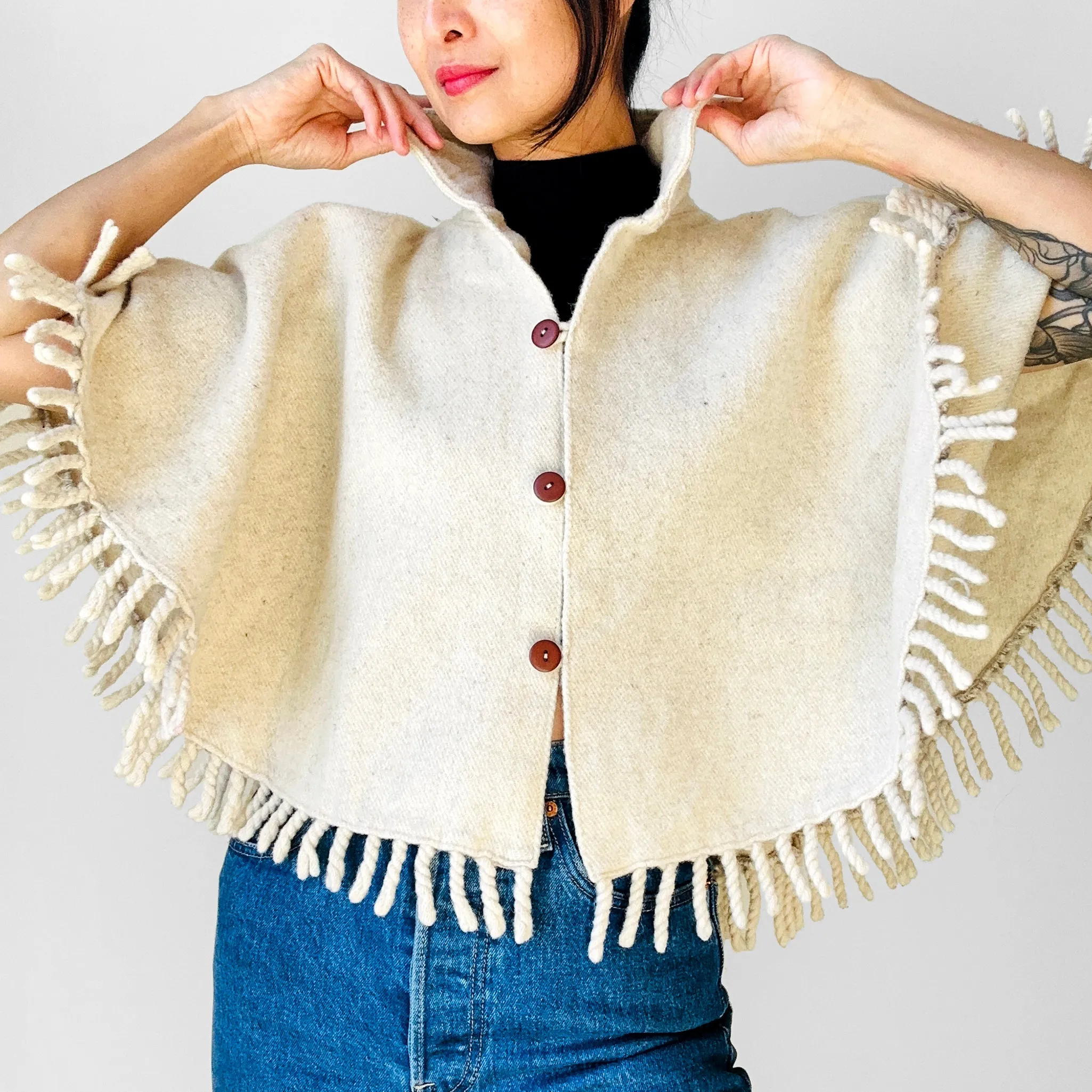 1970s Off-White Fringe Button Front Collared Wool Shawl