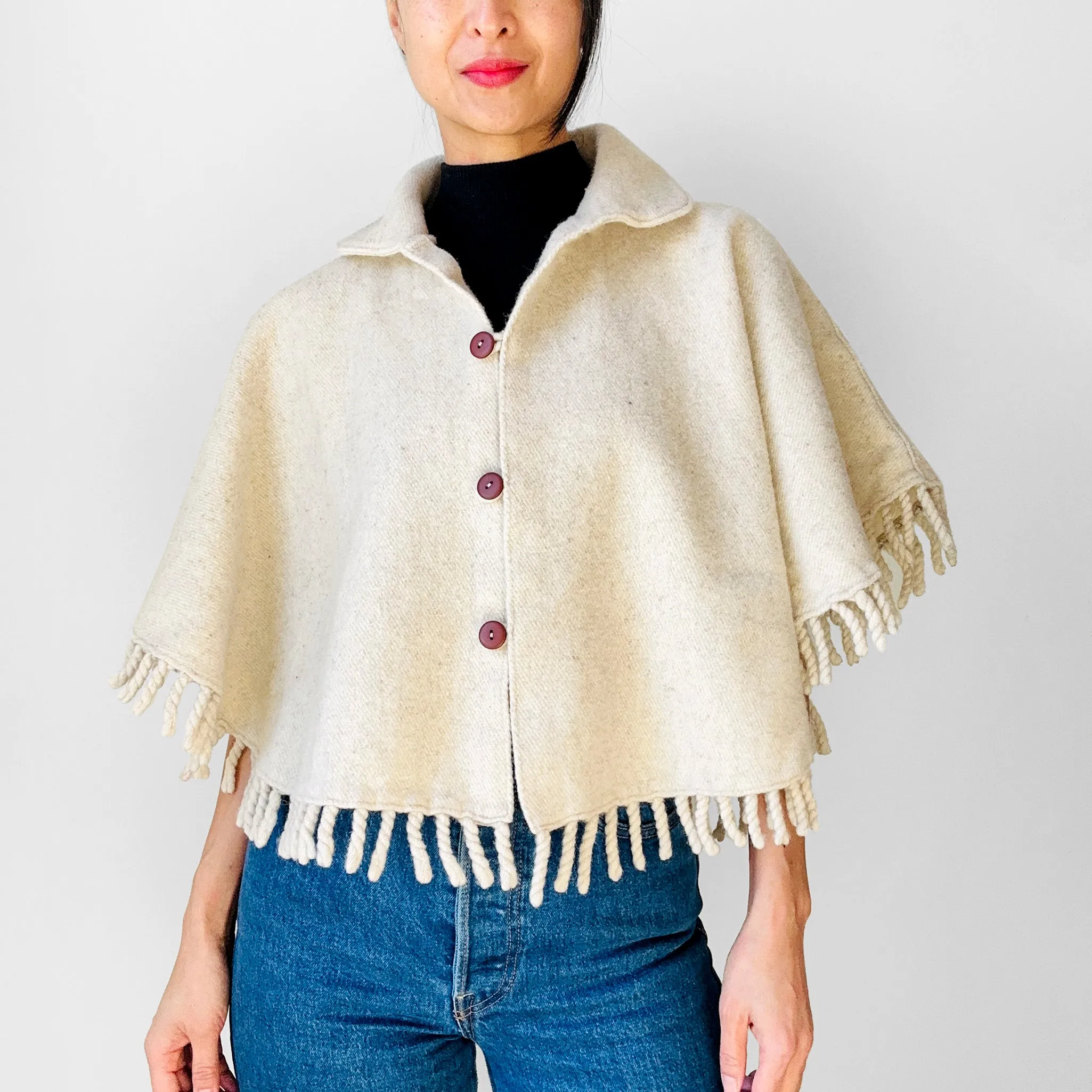 1970s Off-White Fringe Button Front Collared Wool Shawl