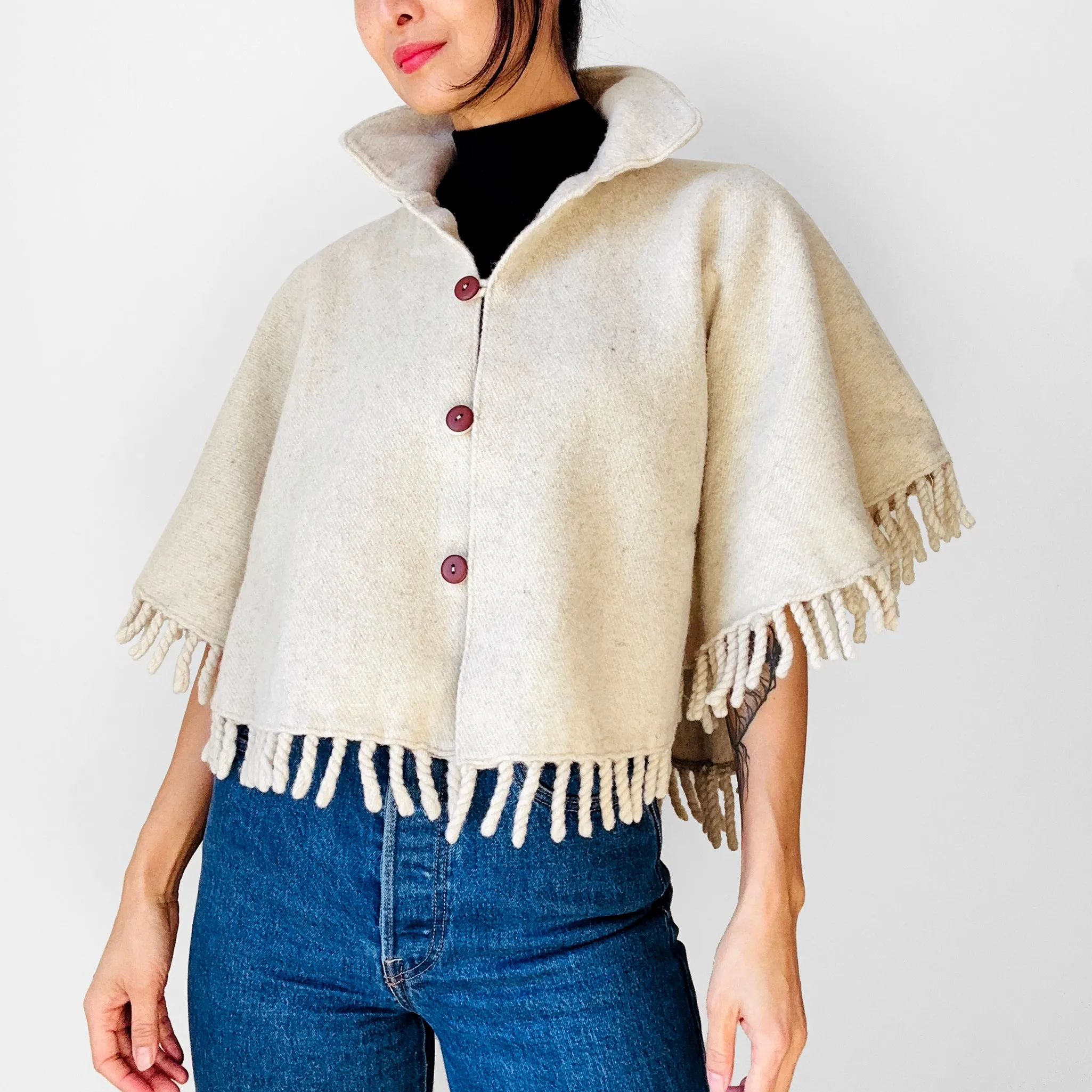 1970s Off-White Fringe Button Front Collared Wool Shawl