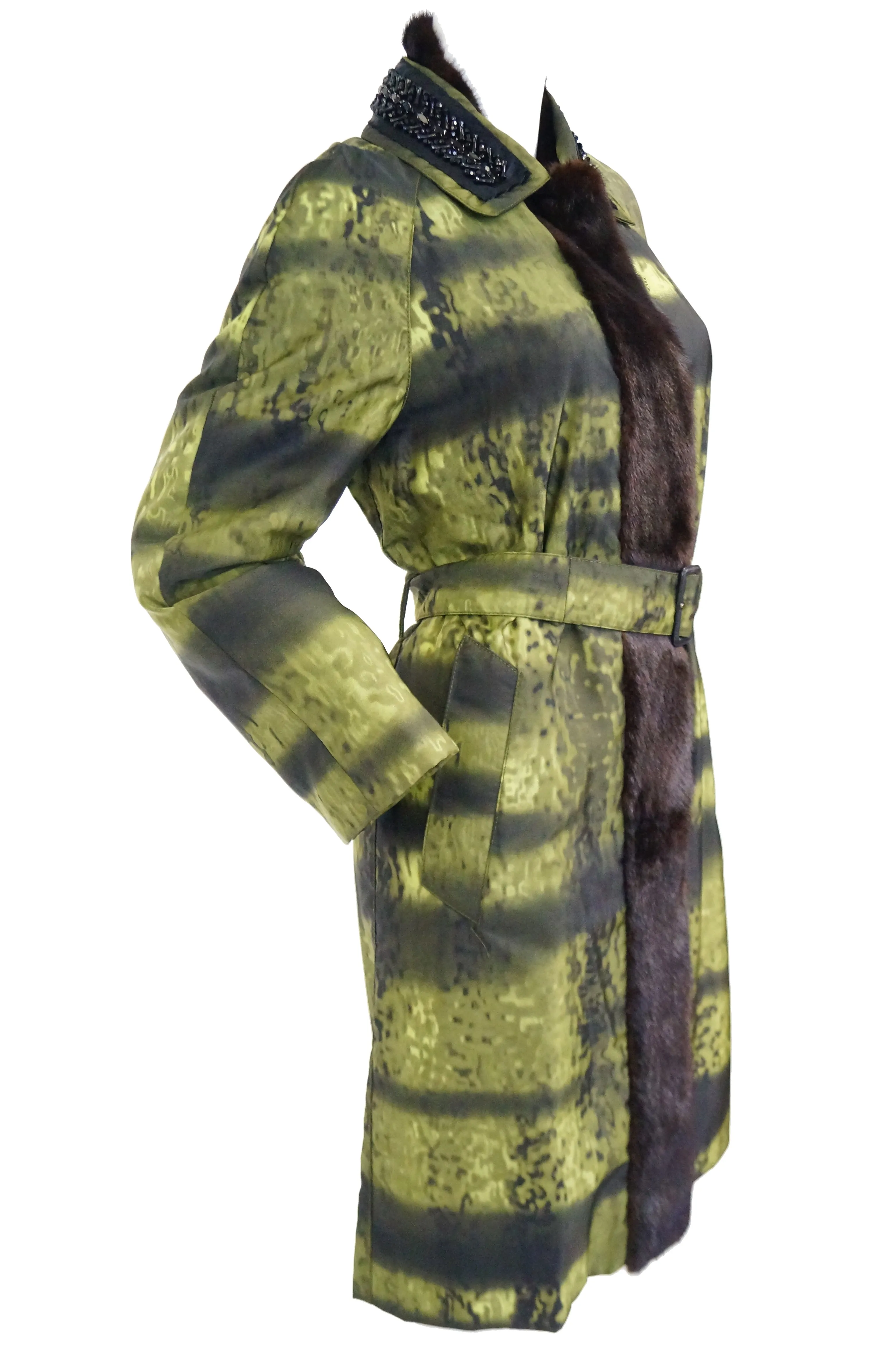 2004 Runway Prada Green Coat with Mink Trim and Bead Detail