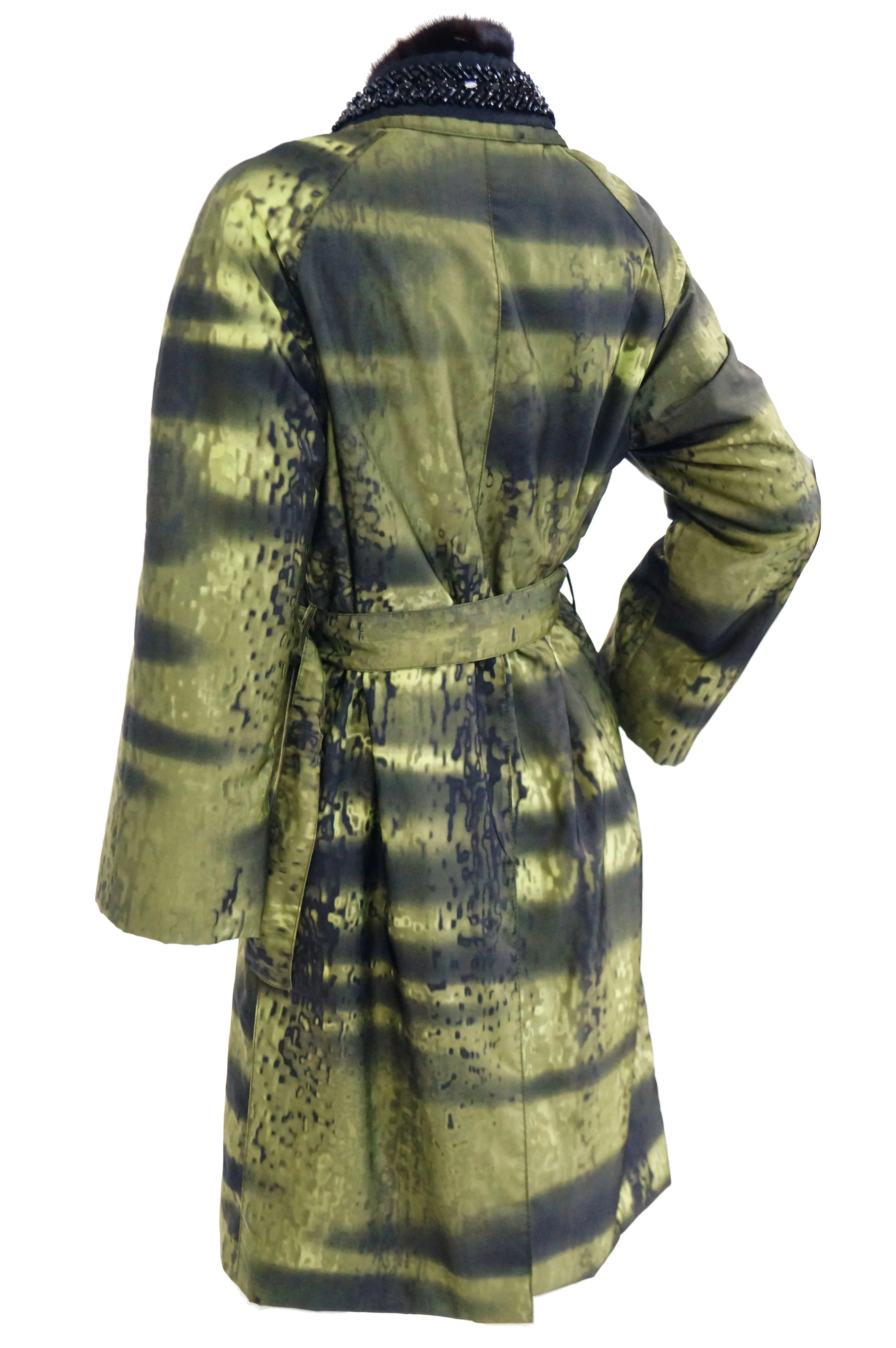 2004 Runway Prada Green Coat with Mink Trim and Bead Detail