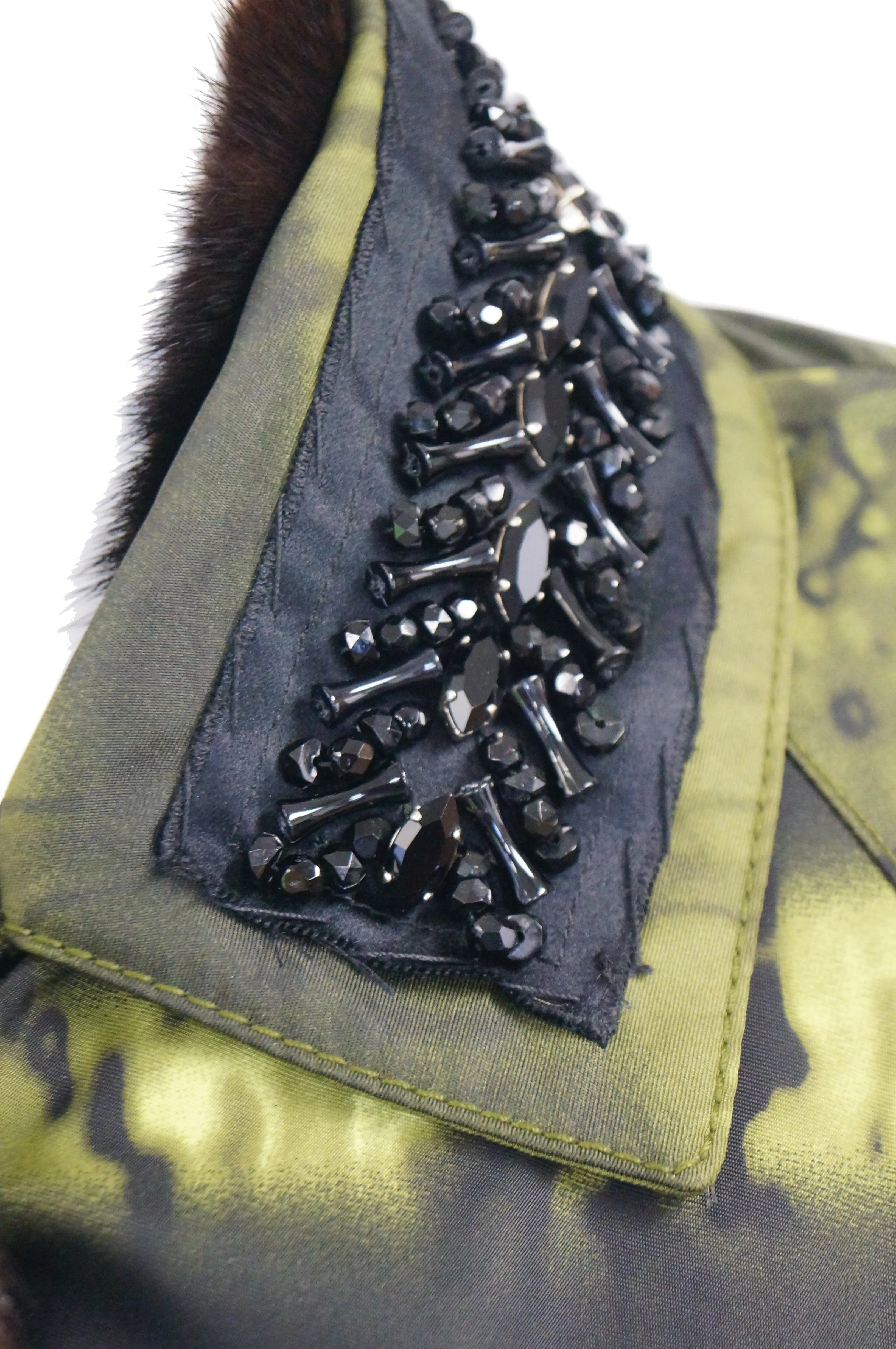 2004 Runway Prada Green Coat with Mink Trim and Bead Detail