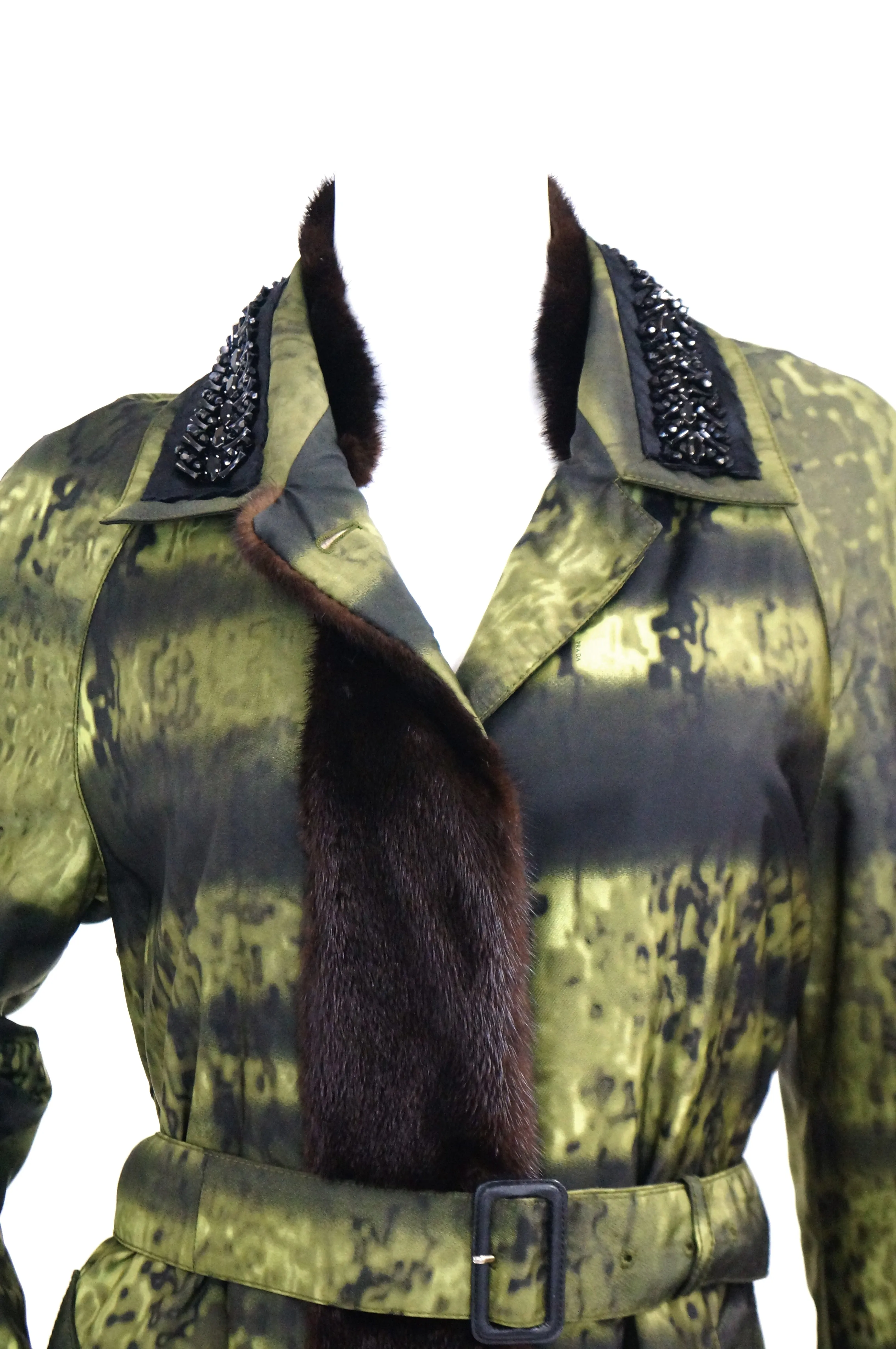 2004 Runway Prada Green Coat with Mink Trim and Bead Detail
