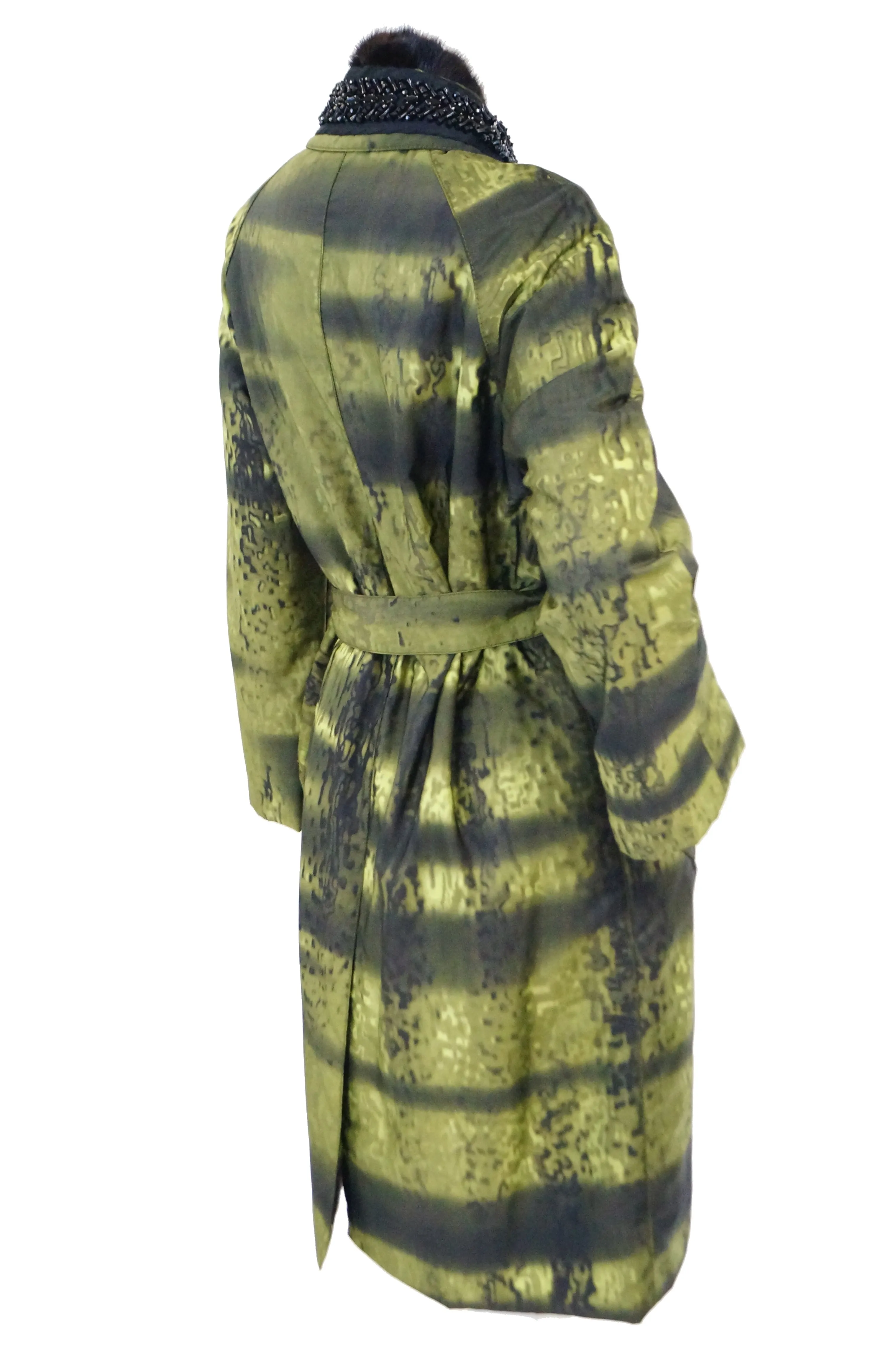 2004 Runway Prada Green Coat with Mink Trim and Bead Detail