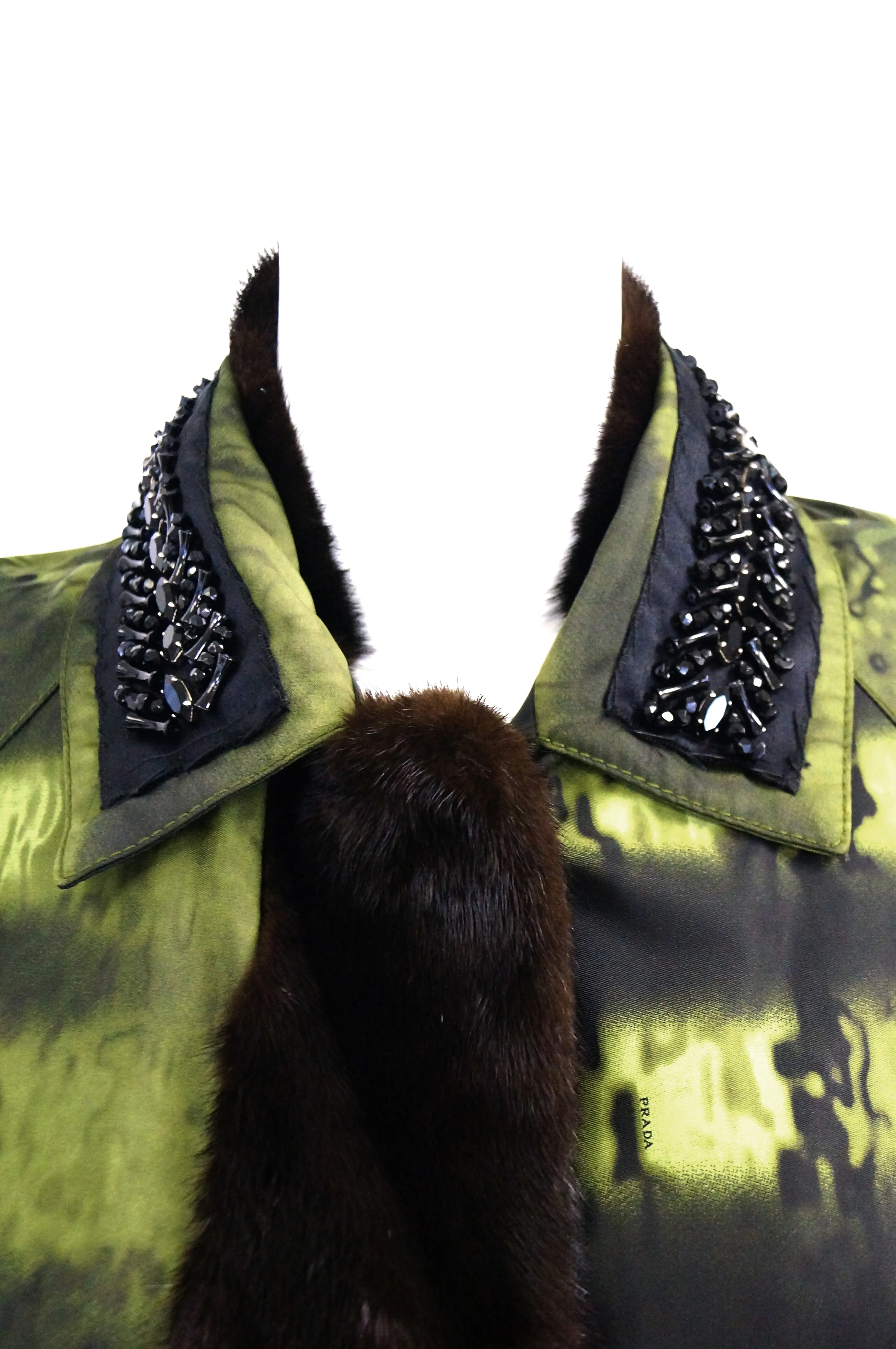 2004 Runway Prada Green Coat with Mink Trim and Bead Detail