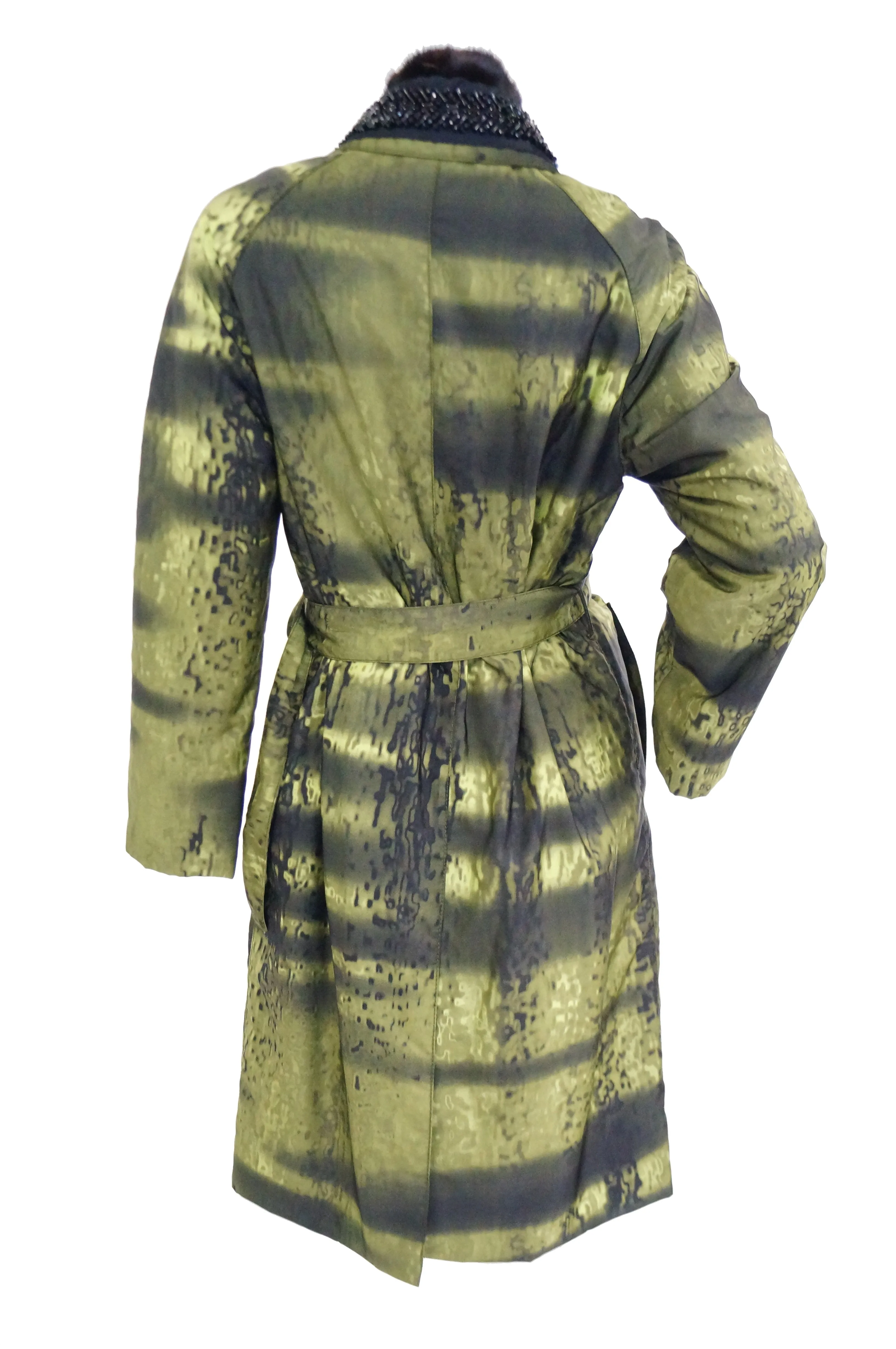 2004 Runway Prada Green Coat with Mink Trim and Bead Detail