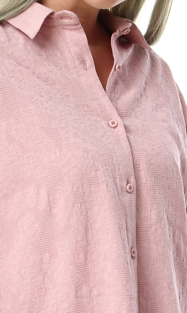 57162 Self Floral Buttoned Full Sleeves Shirt - Dusty Rose