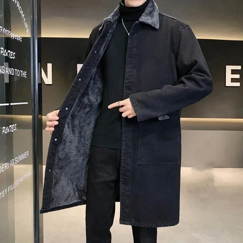 Aidase Men's Mid-length Trench Coat Winter Thickened Fleece Loose Large Size Lamb Wool Turndown Collar Single Breasted Denim Jacket