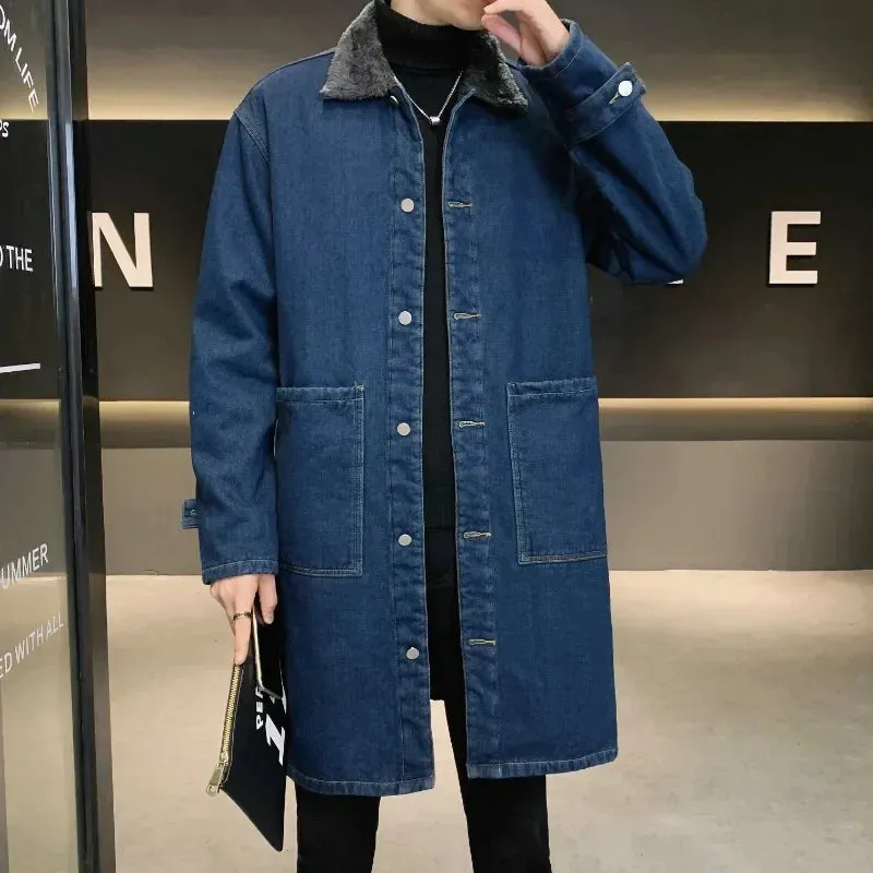 Aidase Men's Mid-length Trench Coat Winter Thickened Fleece Loose Large Size Lamb Wool Turndown Collar Single Breasted Denim Jacket