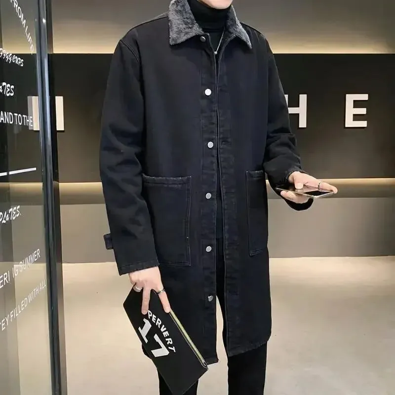 Aidase Men's Mid-length Trench Coat Winter Thickened Fleece Loose Large Size Lamb Wool Turndown Collar Single Breasted Denim Jacket