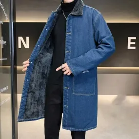 Aidase Men's Mid-length Trench Coat Winter Thickened Fleece Loose Large Size Lamb Wool Turndown Collar Single Breasted Denim Jacket