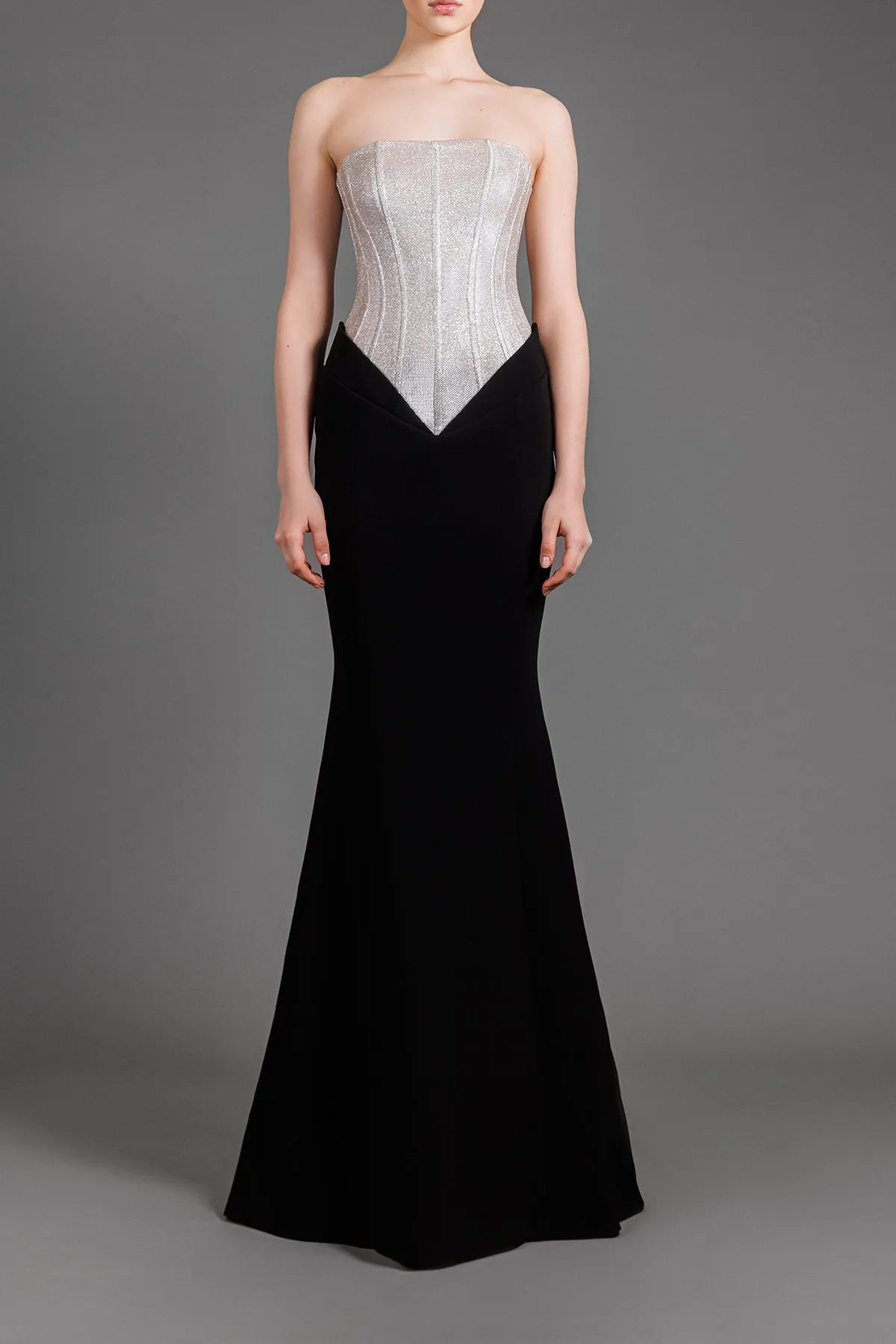 Beige and black strapless dress in lurex and crêpe with structured corset