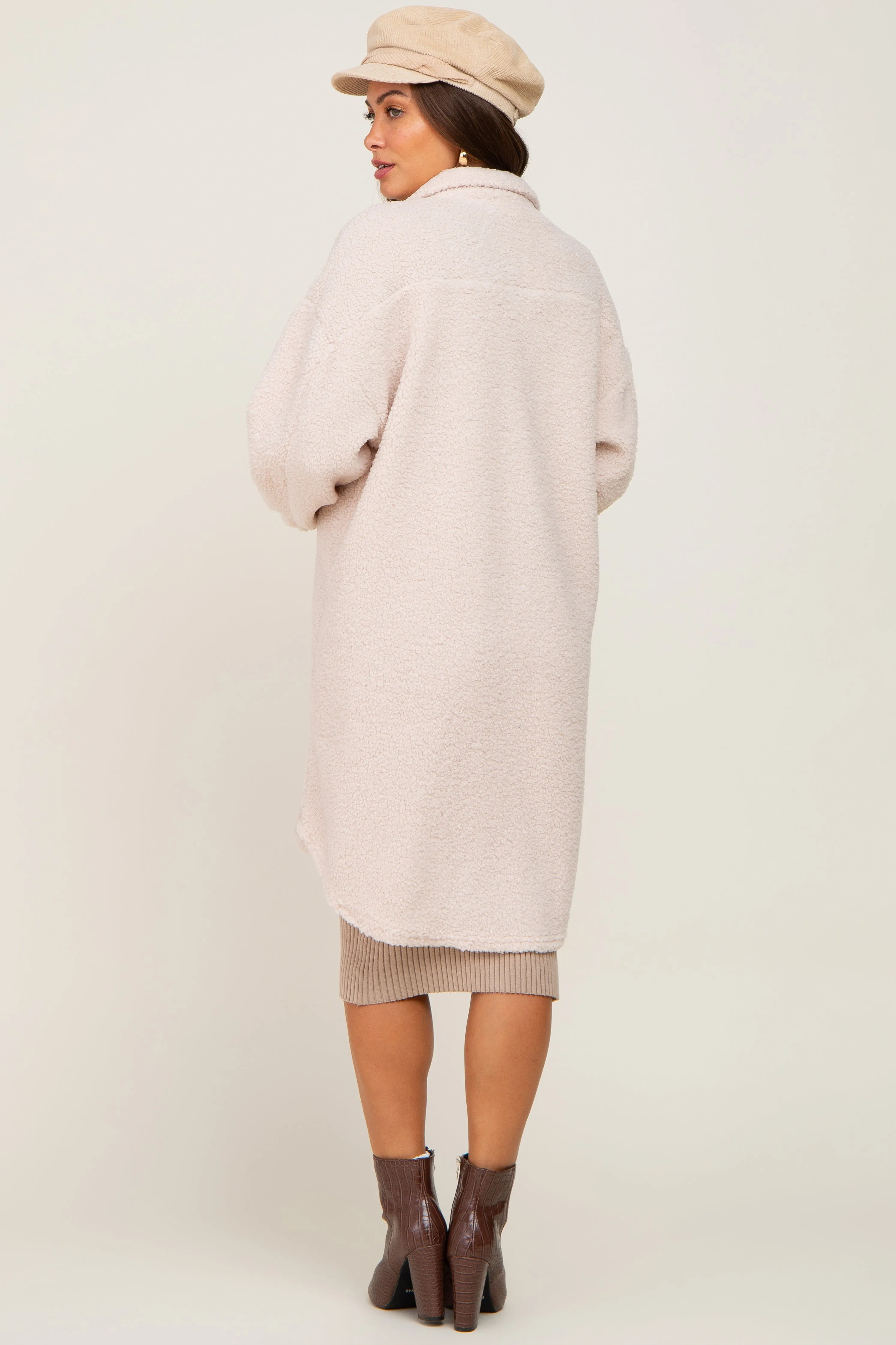 Beige Fleece Maternity Long Shirt Jacket