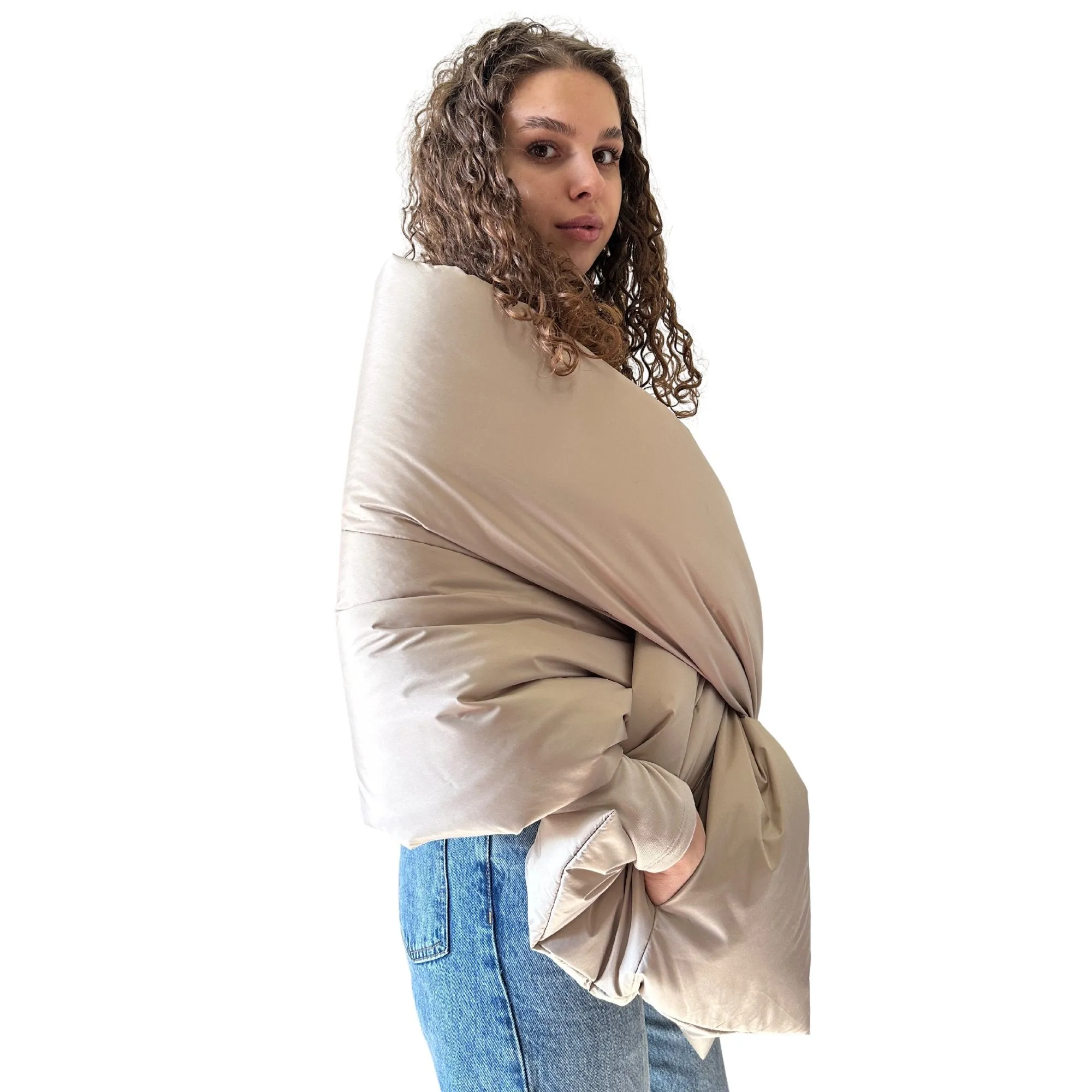 Beige Long Cape Lagre Wide Scarf Puffer 20x80 inch with 2 pocket and Belt