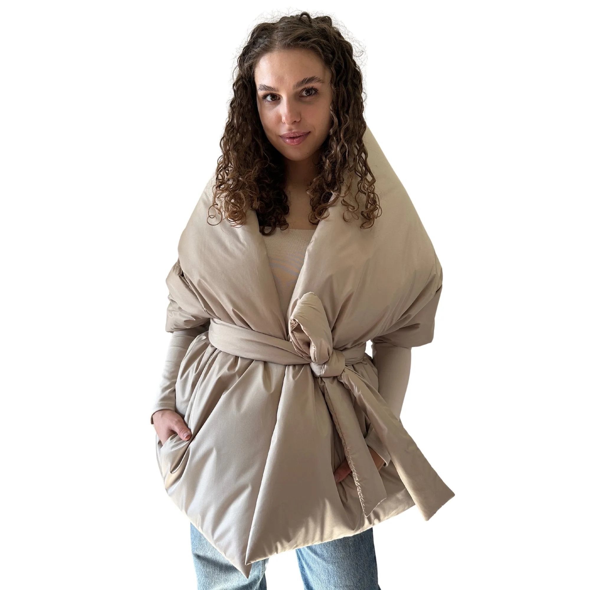 Beige Long Cape Lagre Wide Scarf Puffer 20x80 inch with 2 pocket and Belt