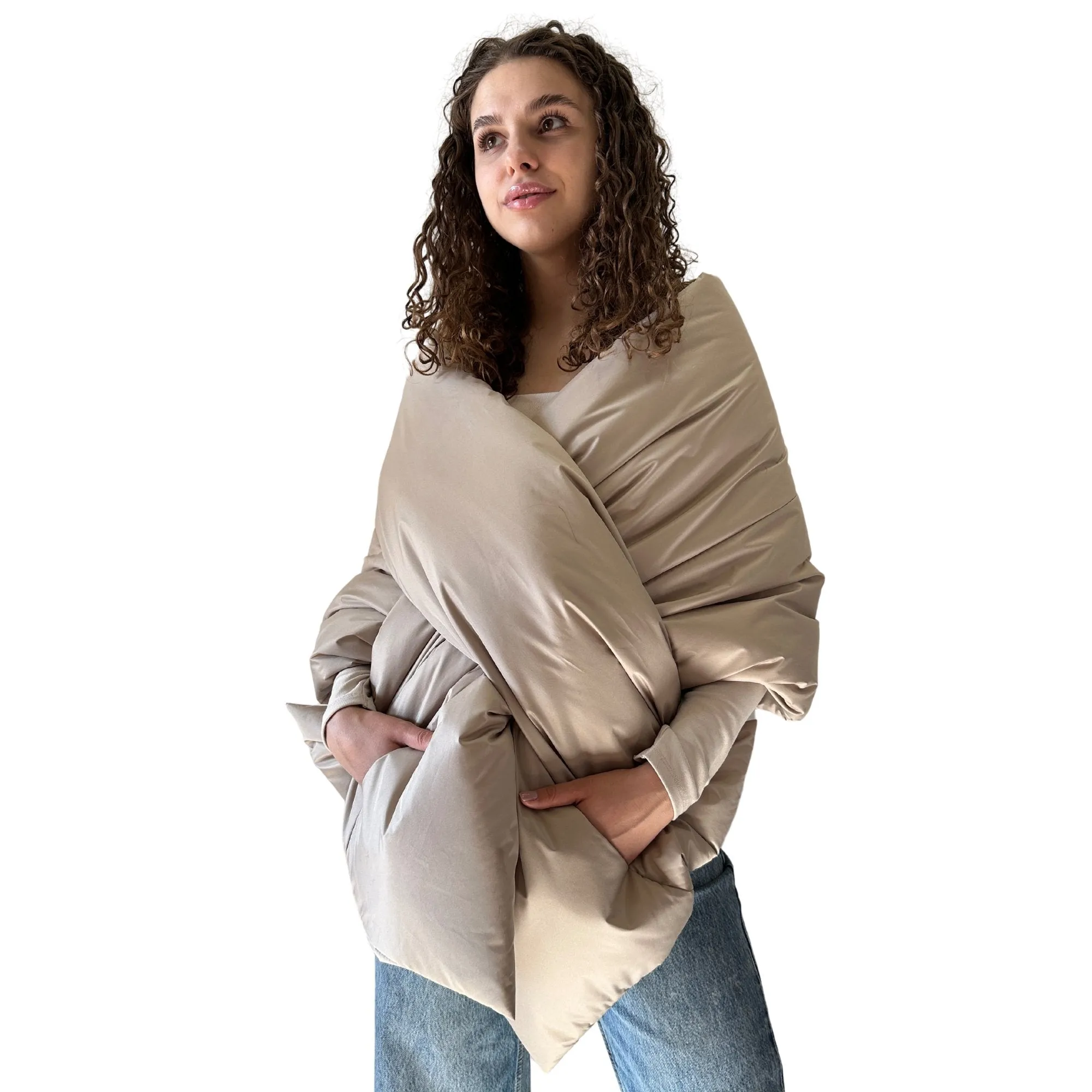 Beige Long Cape Lagre Wide Scarf Puffer 20x80 inch with 2 pocket and Belt