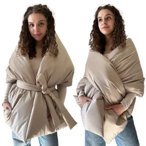 Beige Long Cape Lagre Wide Scarf Puffer 20x80 inch with 2 pocket and Belt