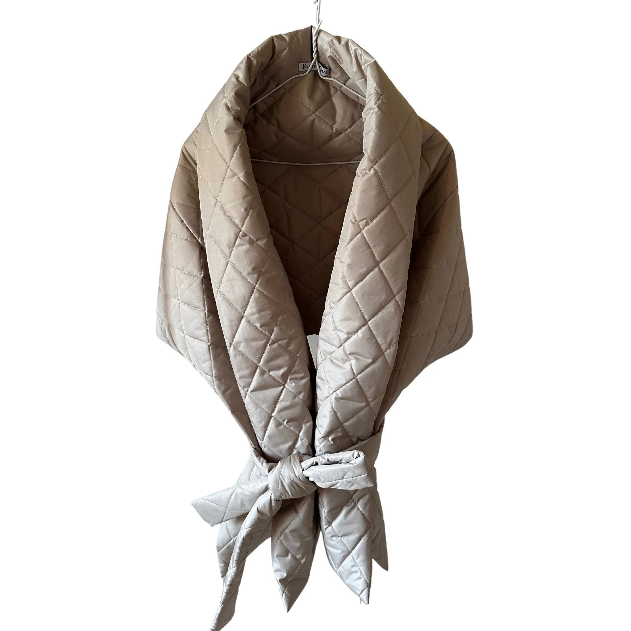 Beige Long Lagre Wide Scarf Puffer 25x80 inch with 2 pocket and Belt. Cape around shoulders wrap. Winter quilted shawl. Warm padded scarf. Down puffy scarves.
