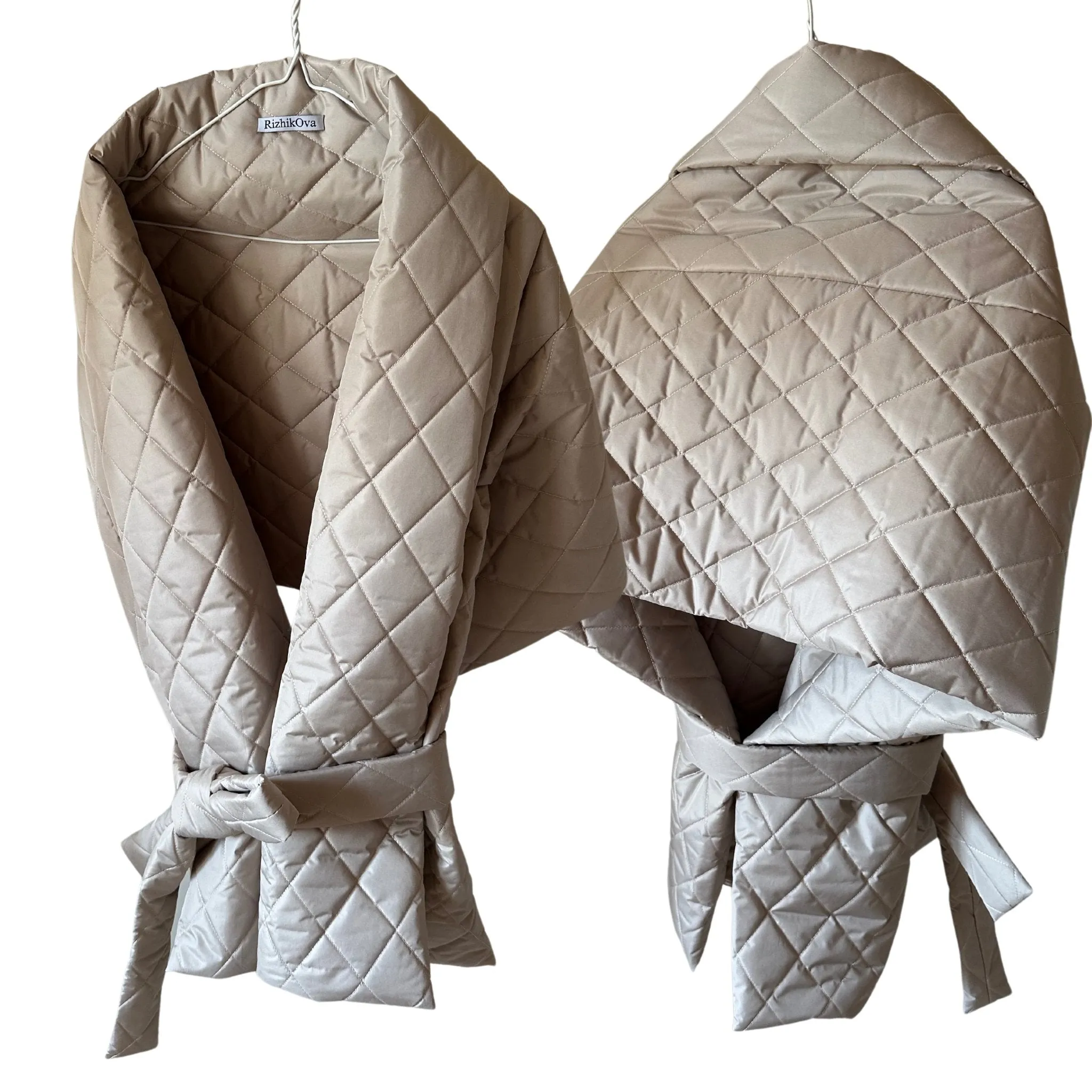 Beige Long Lagre Wide Scarf Puffer 25x80 inch with 2 pocket and Belt. Cape around shoulders wrap. Winter quilted shawl. Warm padded scarf. Down puffy scarves.