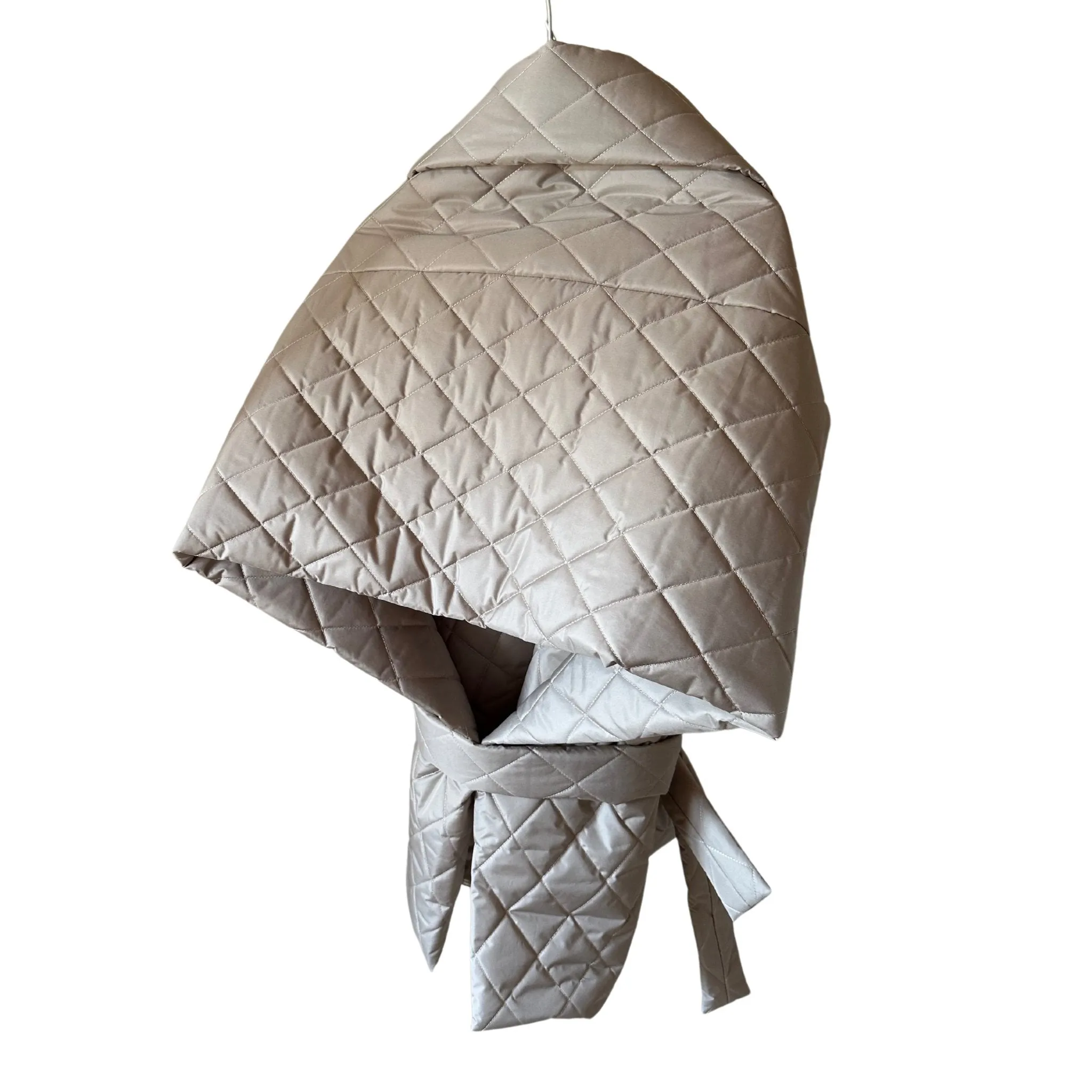 Beige Long Lagre Wide Scarf Puffer 25x80 inch with 2 pocket and Belt. Cape around shoulders wrap. Winter quilted shawl. Warm padded scarf. Down puffy scarves.