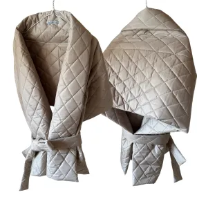 Beige Long Lagre Wide Scarf Puffer 25x80 inch with 2 pocket and Belt. Cape around shoulders wrap. Winter quilted shawl. Warm padded scarf. Down puffy scarves.