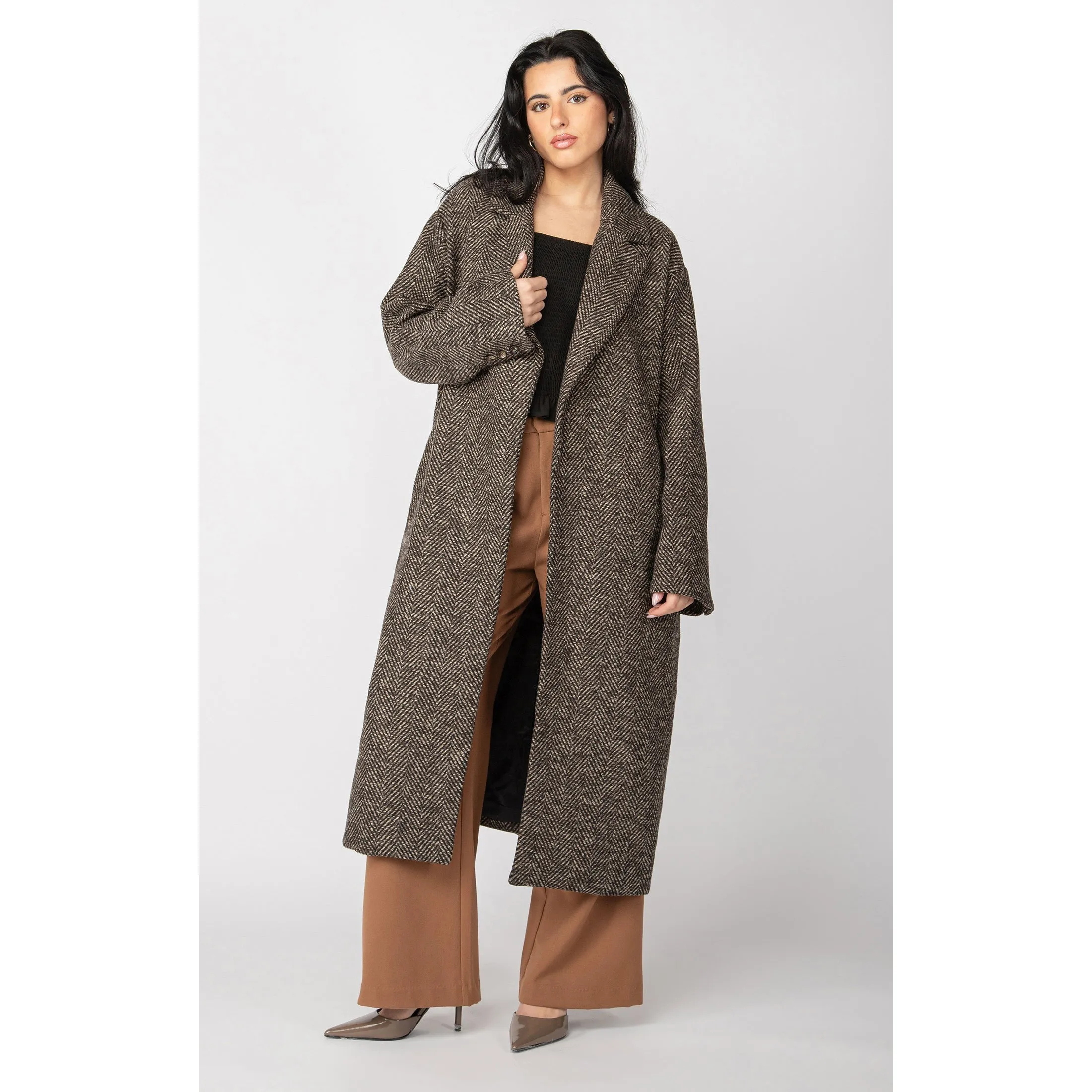 BELTED HERRINGBONE COAT