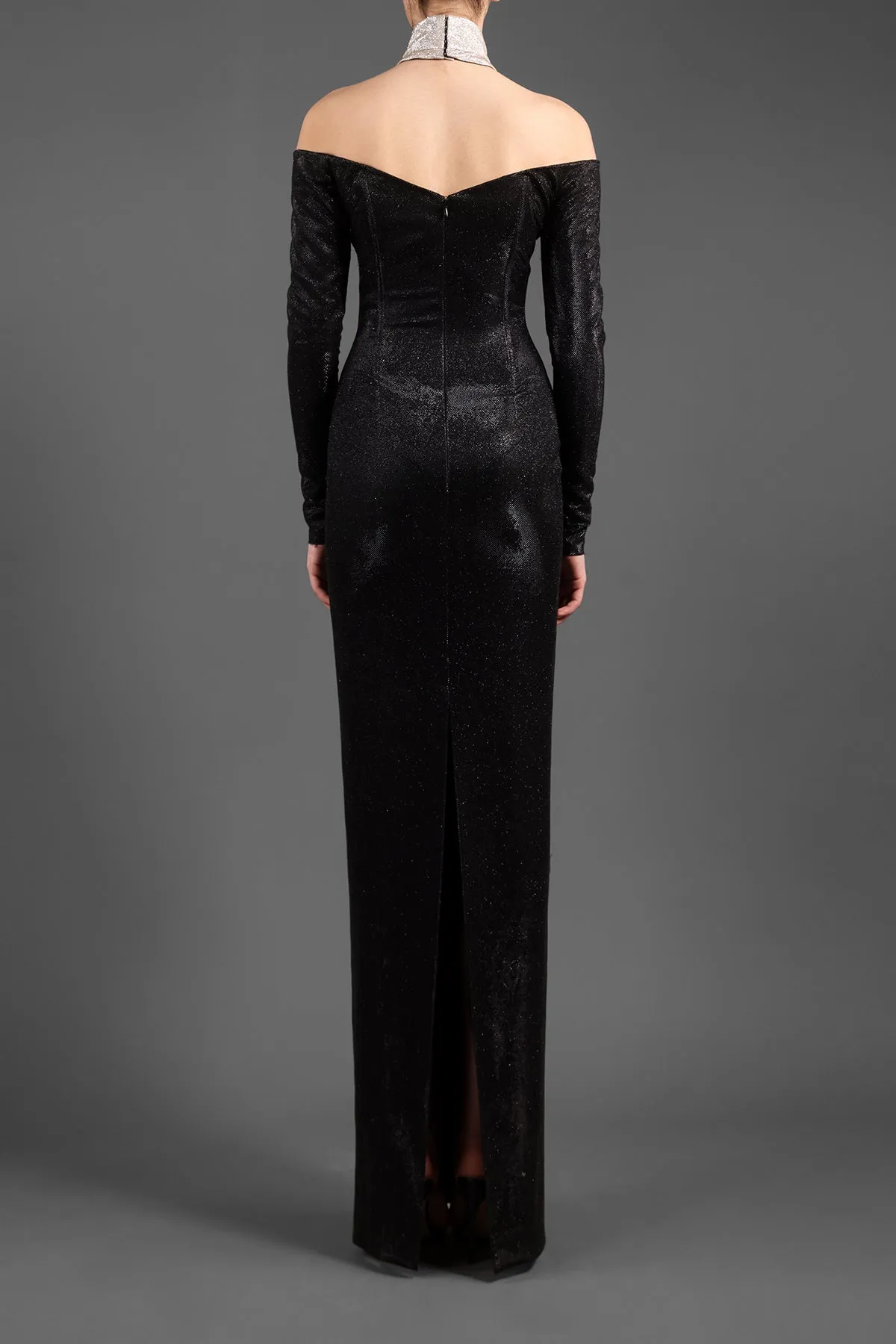 Black and silver shimmery dress with high-neck detail on off-the shoulders neckline