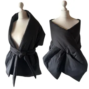 Black Cape Lagre Wide Scarf Puffer 18x70 inch with 2 pocket and Belt. Cape around shoulders wrap. Winter quilted shawl. Warm padded scarf. Down puffy scarves.