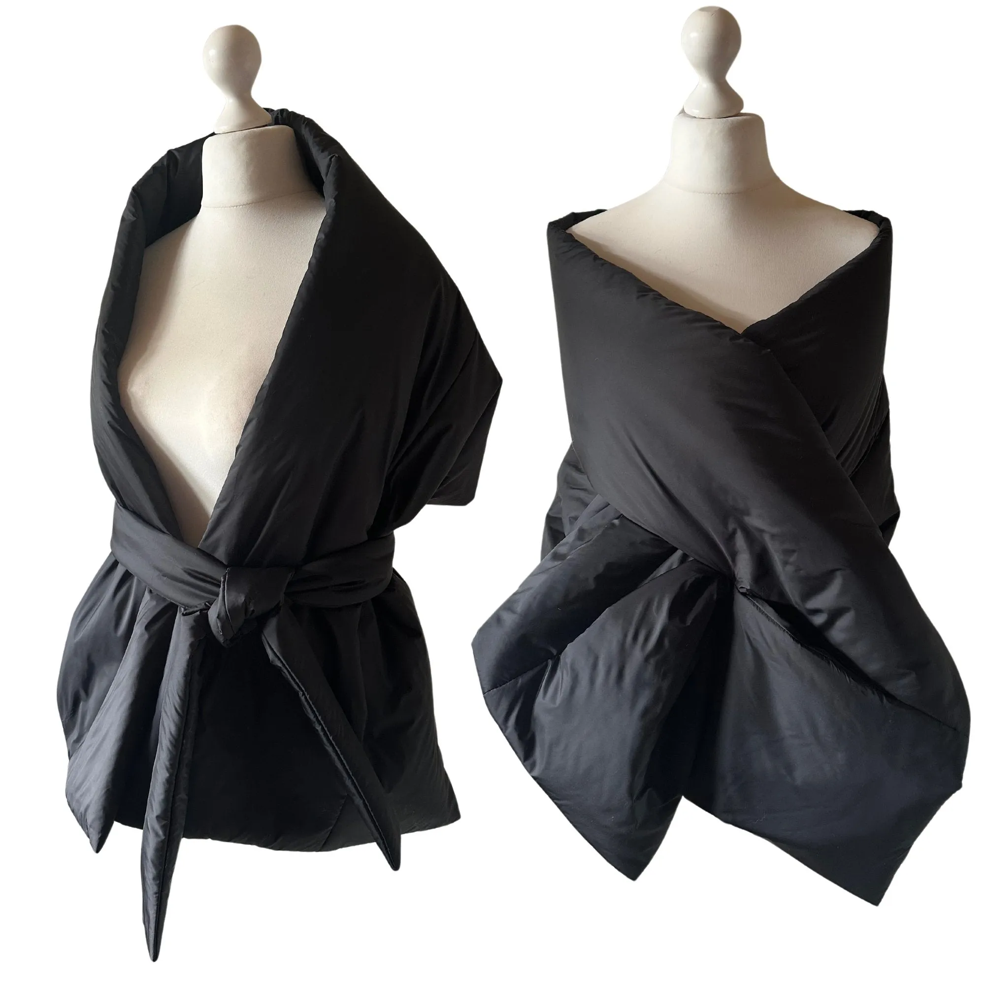 Black Cape Lagre Wide Scarf Puffer 18x70 inch with 2 pocket and Belt. Cape around shoulders wrap. Winter quilted shawl. Warm padded scarf. Down puffy scarves.