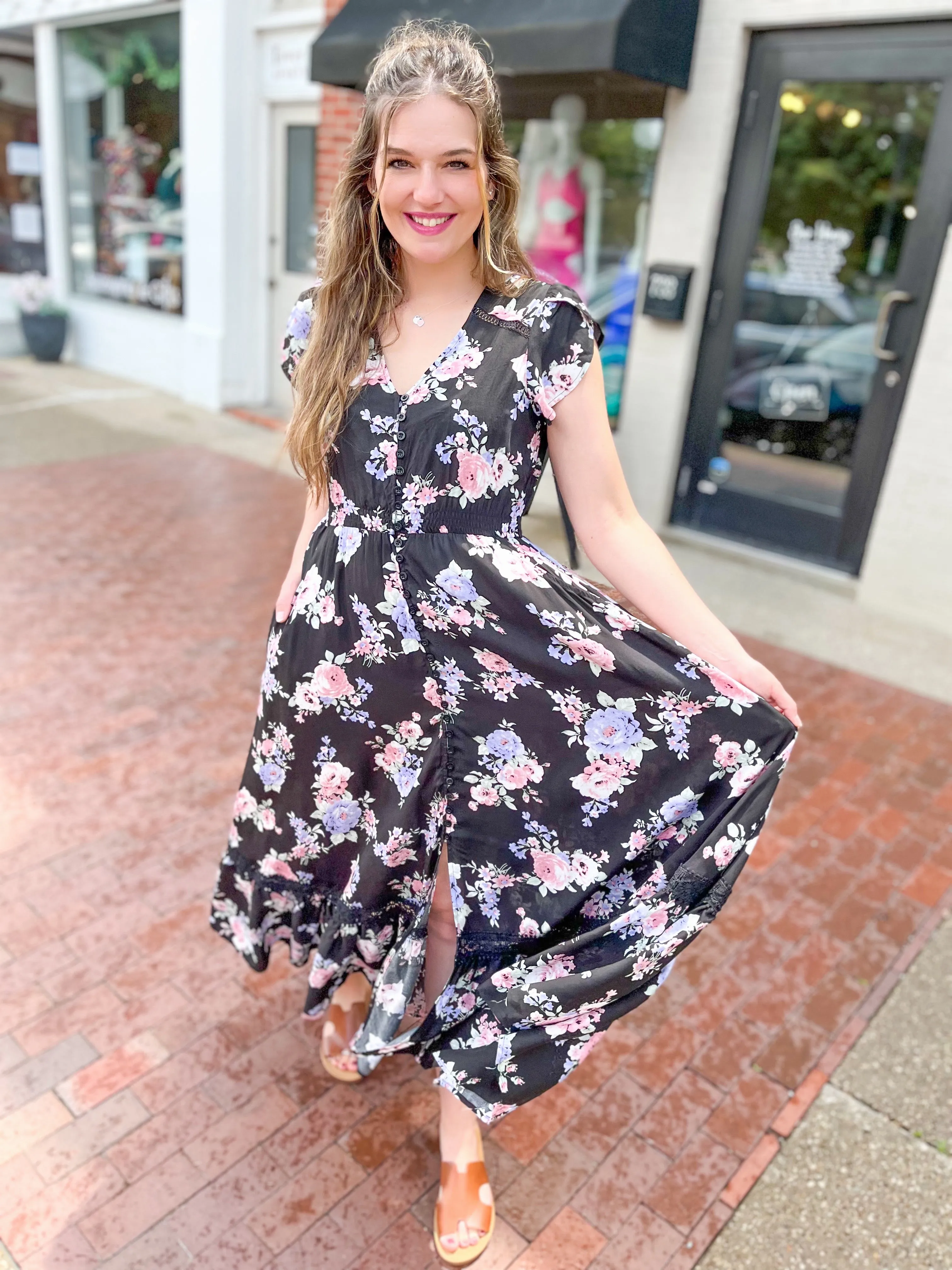 Black Floral Lace Detail Maxi