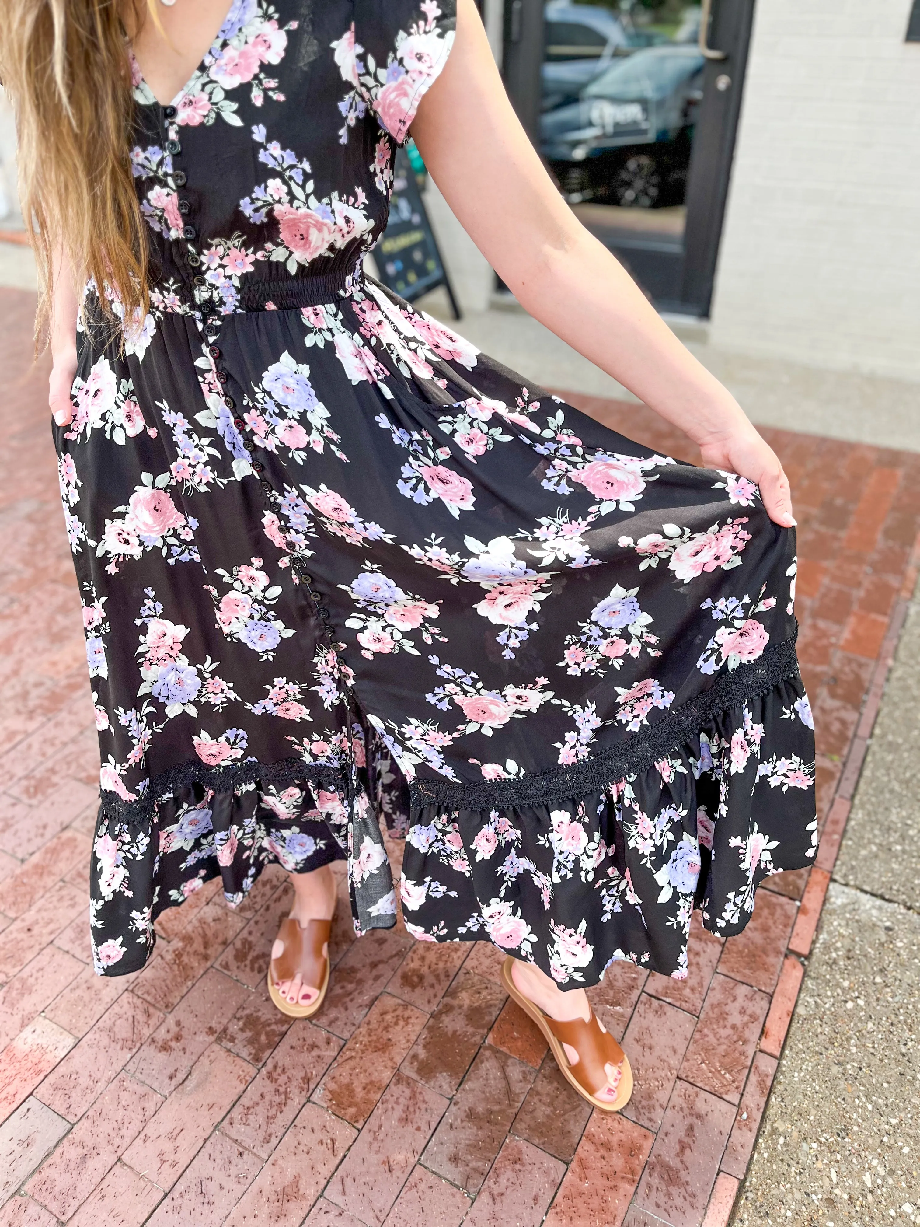 Black Floral Lace Detail Maxi