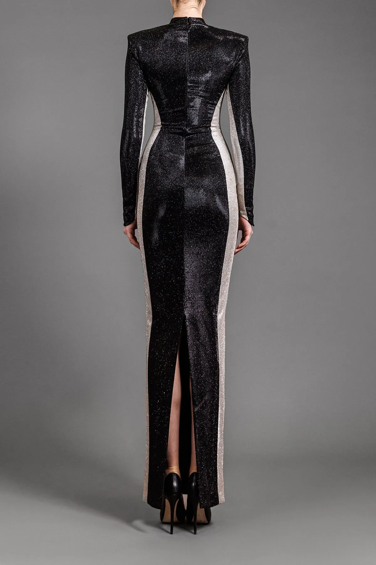 Black shimmery dress with optical illusion silver detailing