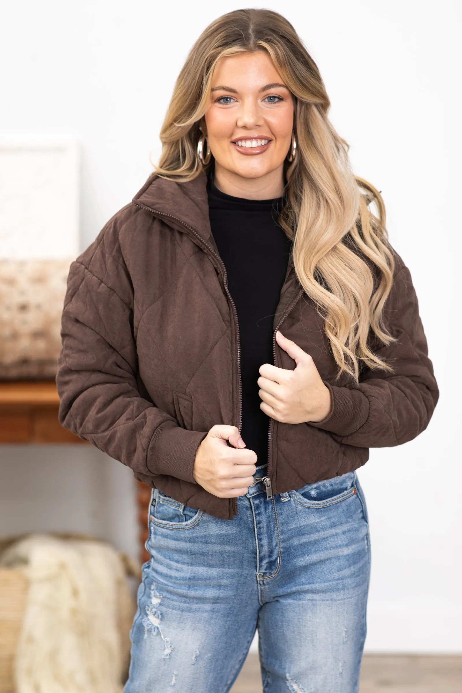 Brown Sherpa Lined Quilted Jacket