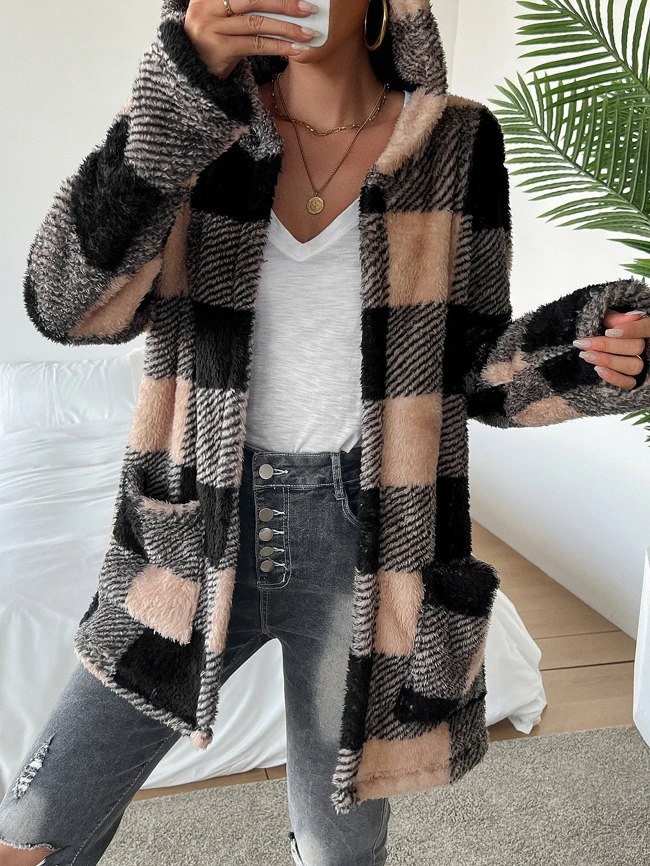 Casual Contrasting Buttonless Hooded Trench Coat
