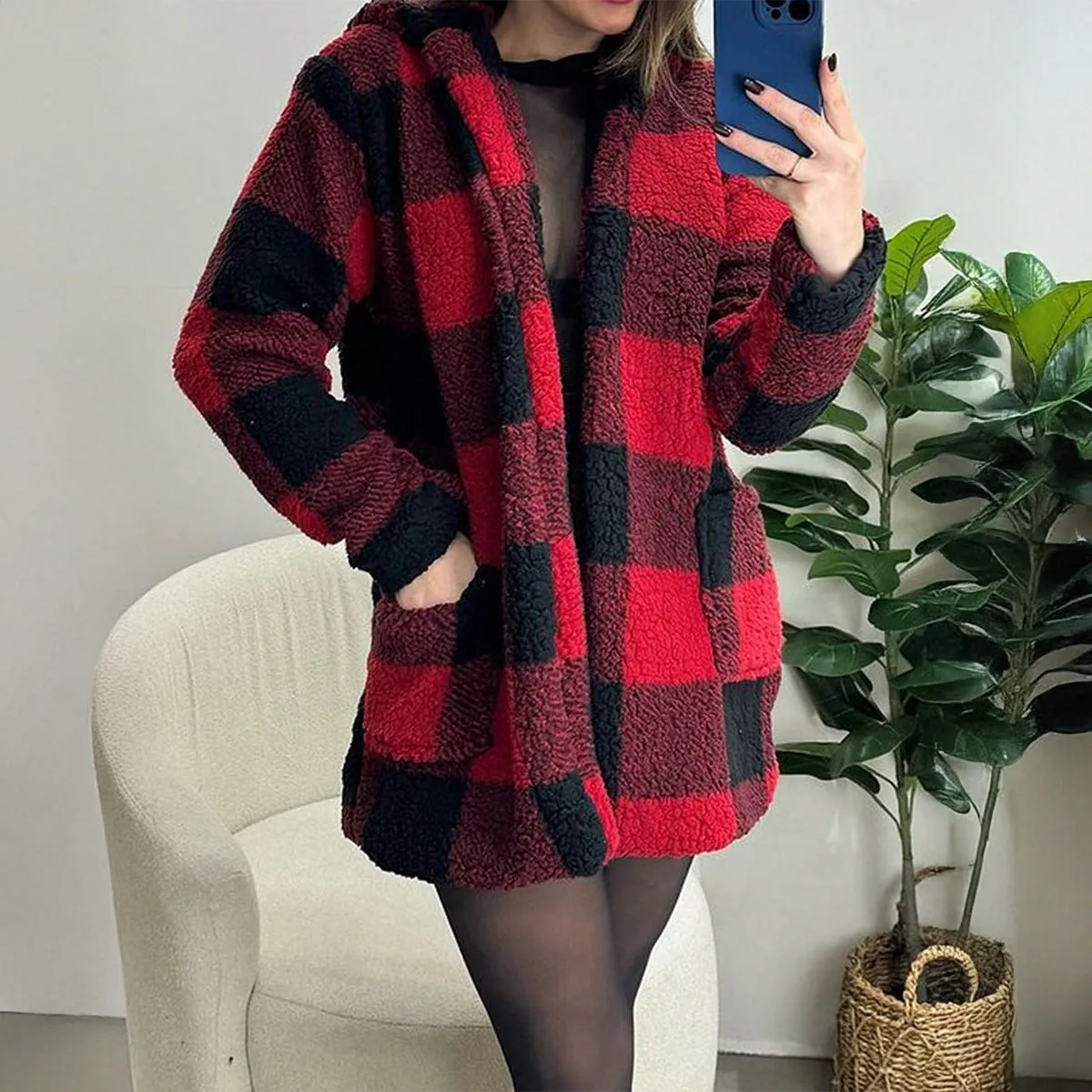 Casual Contrasting Buttonless Hooded Trench Coat