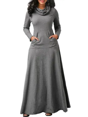 Casual Women Turtleneck Big Pocket Loose Hoodie Maxi Dress