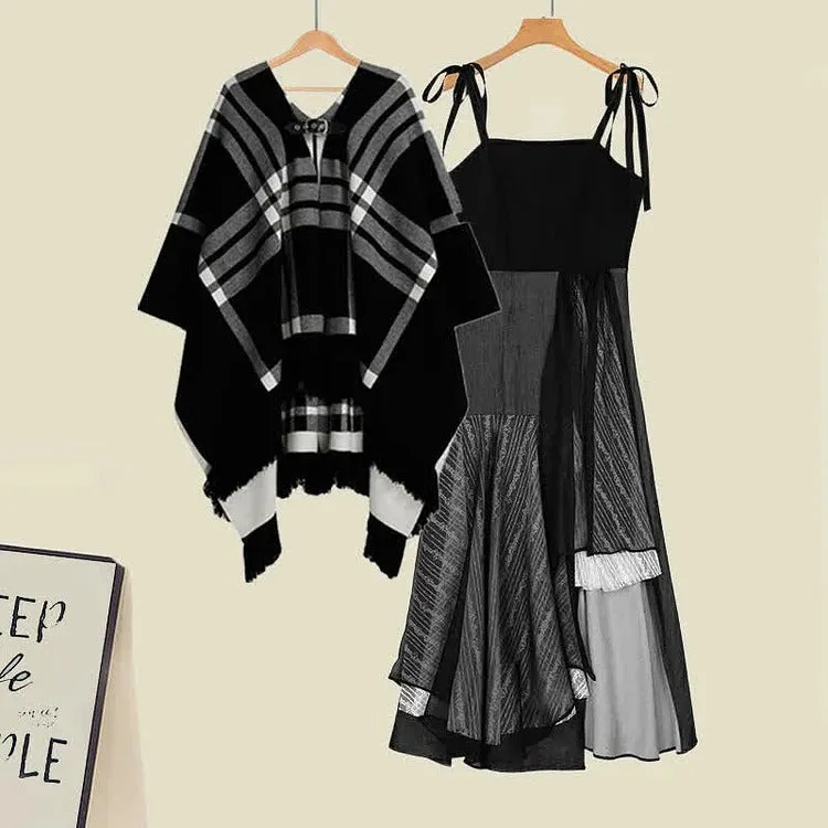 Chic Plaid Wrap Shawl Dress Set
