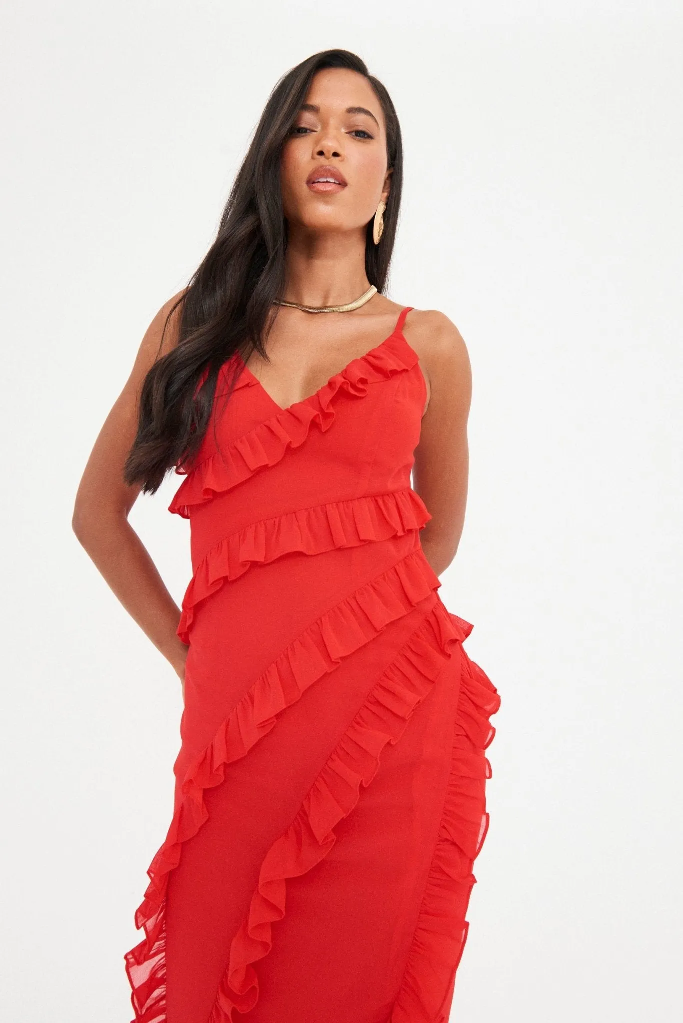 CHIFFON RUFFLE  MAXI DRESS