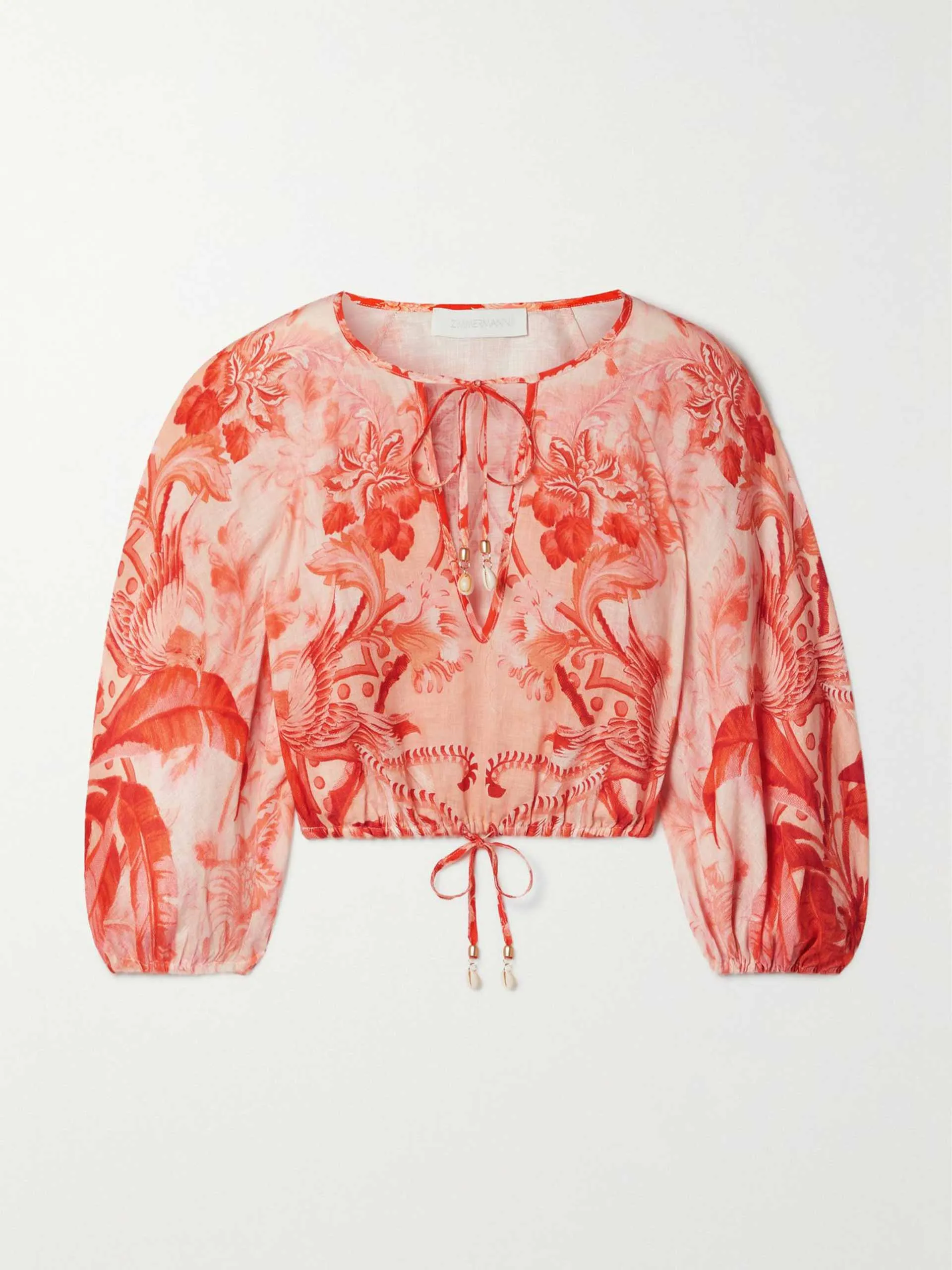 Cropped shell-embellished printed linen top