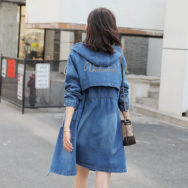 Denim Trench Coat Women&#39;s Long-sleeved Spring Mid-length Korean Cardigan Large Size Loose Casual Jaqueta Coat Hooded Slim f2923