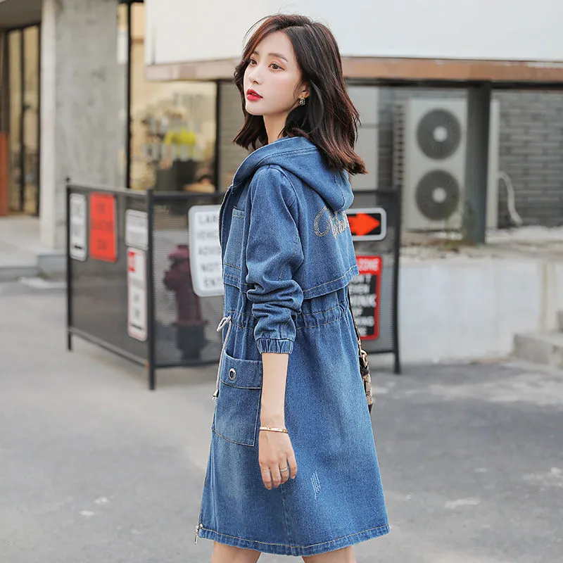 Denim Trench Coat Women&#39;s Long-sleeved Spring Mid-length Korean Cardigan Large Size Loose Casual Jaqueta Coat Hooded Slim f2923