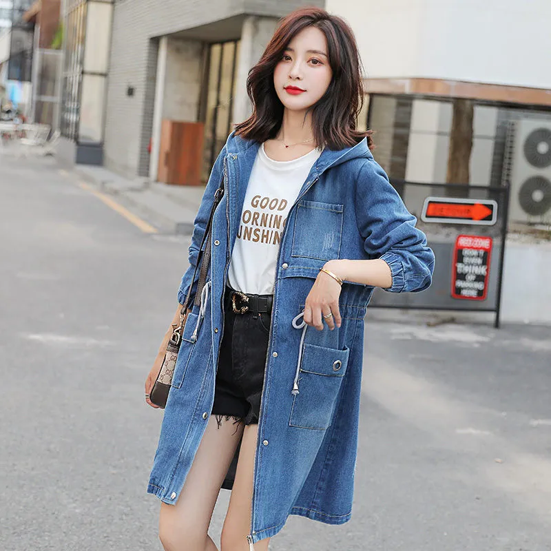 Denim Trench Coat Women&#39;s Long-sleeved Spring Mid-length Korean Cardigan Large Size Loose Casual Jaqueta Coat Hooded Slim f2923