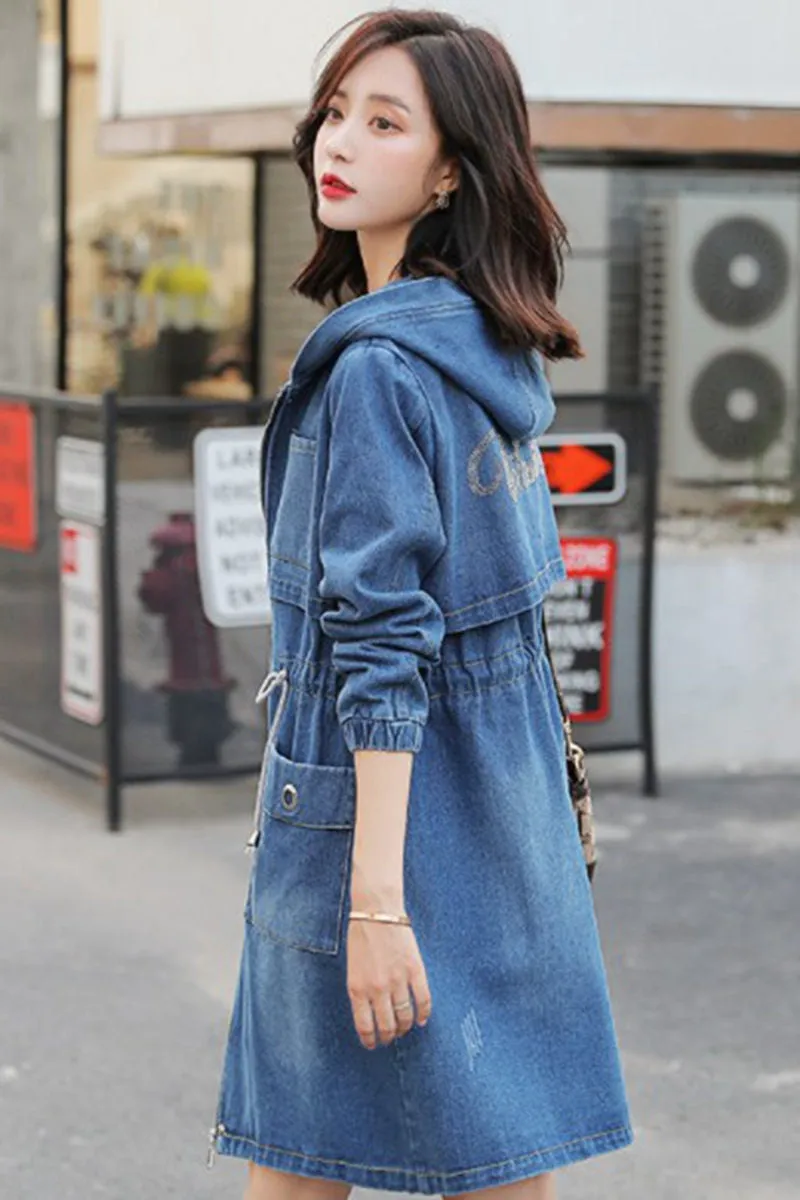 Denim Trench Coat Women&#39;s Long-sleeved Spring Mid-length Korean Cardigan Large Size Loose Casual Jaqueta Coat Hooded Slim f2923